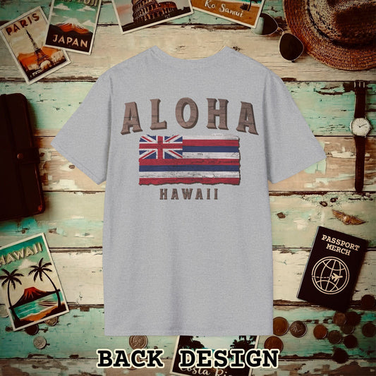 Koa Wood Aloha Hawaiian Flag, Back Print T-Shirt Sport Grey / S