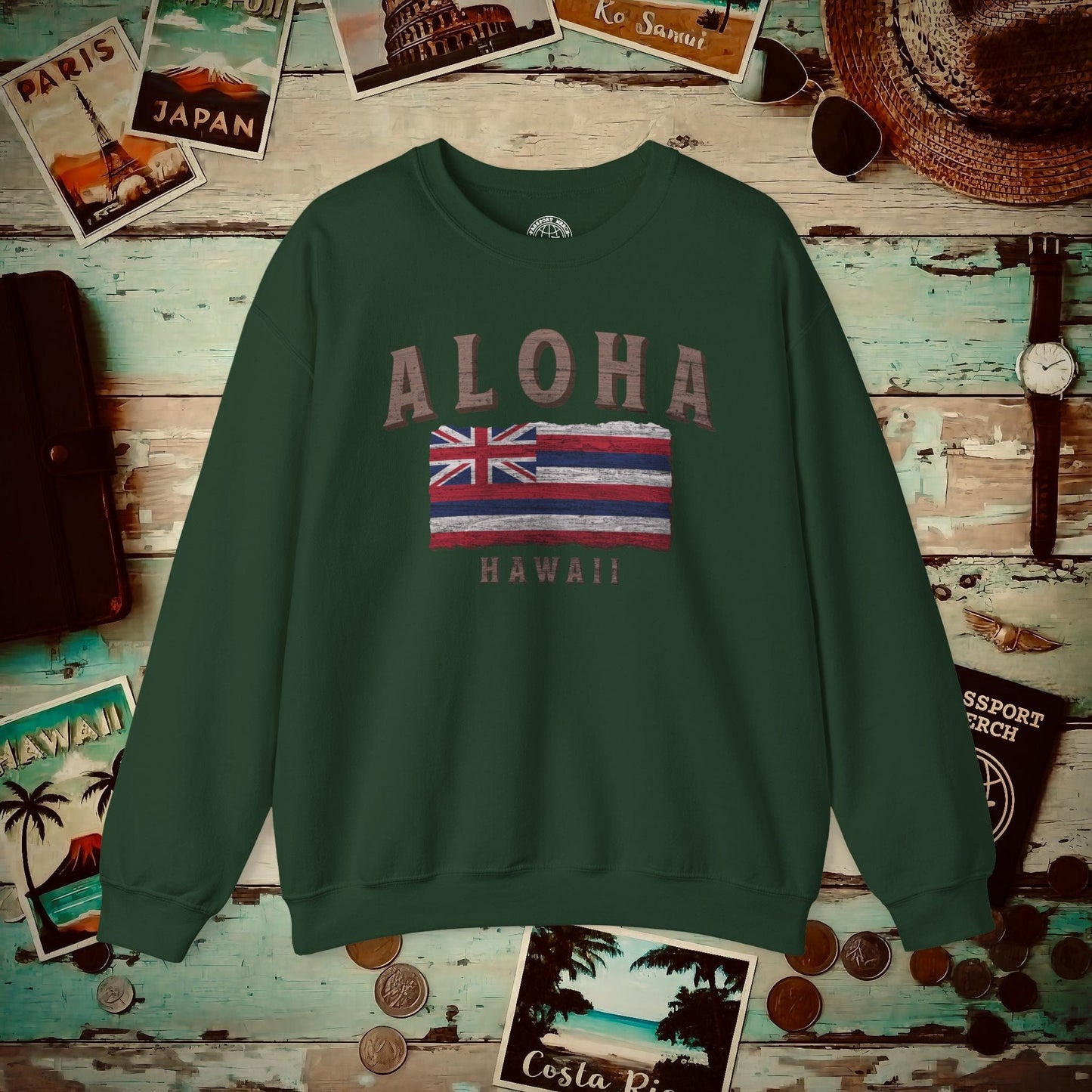 Koa Wood Aloha Hawaiian Flag Crewneck Forest Green / S