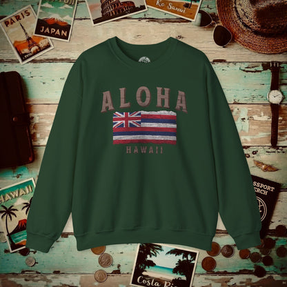 Koa Wood Aloha Hawaiian Flag Crewneck Forest Green / S
