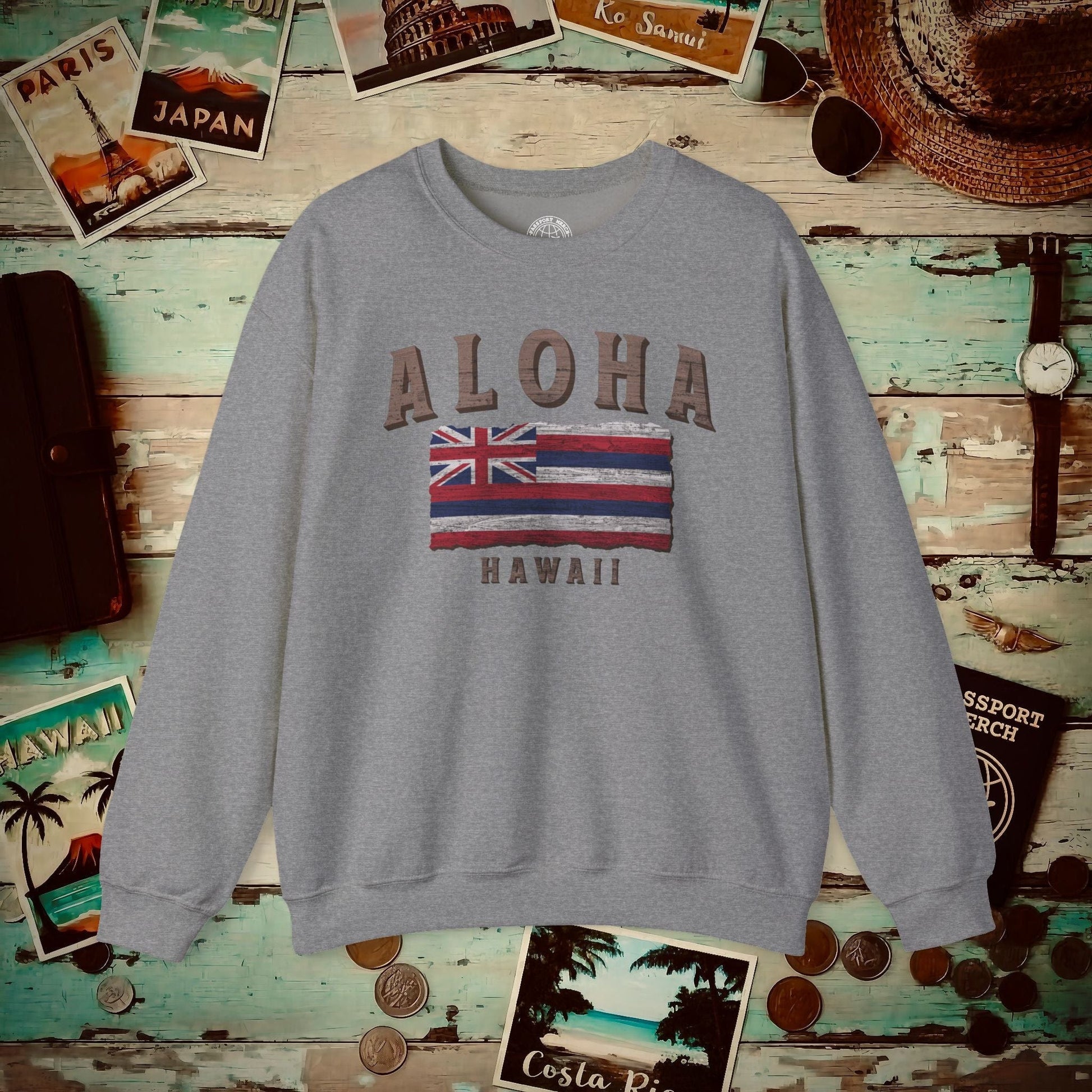 Koa Wood Aloha Hawaiian Flag Crewneck Graphite Heather / S