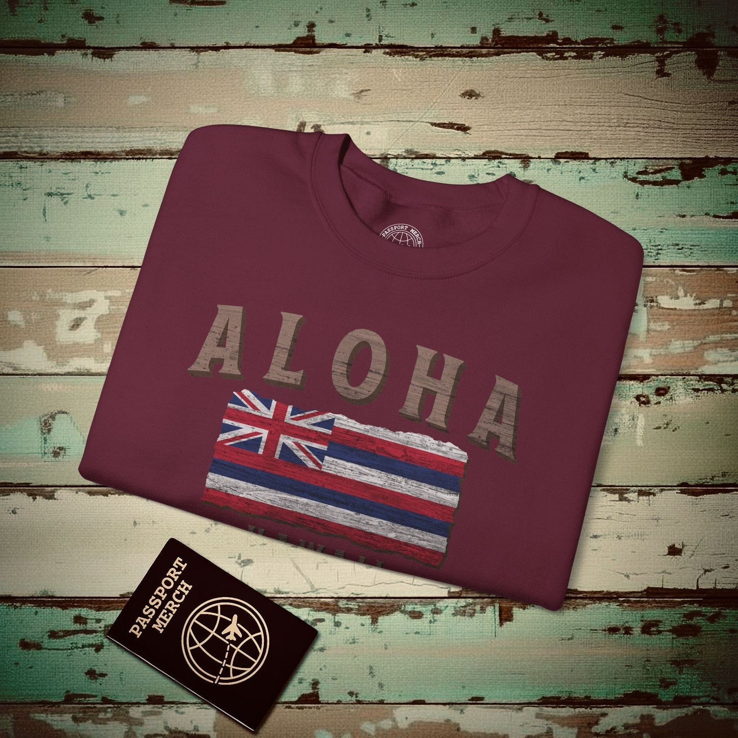 Koa Wood Aloha Hawaiian Flag Crewneck Maroon / S