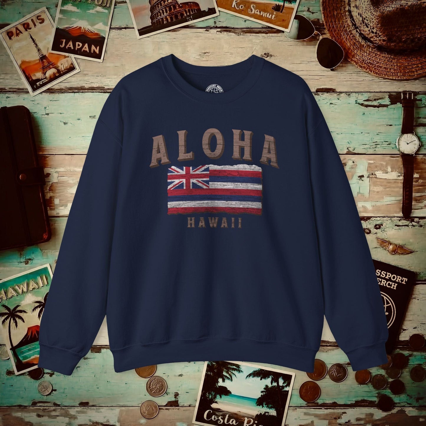 Koa Wood Aloha Hawaiian Flag Crewneck Navy / S