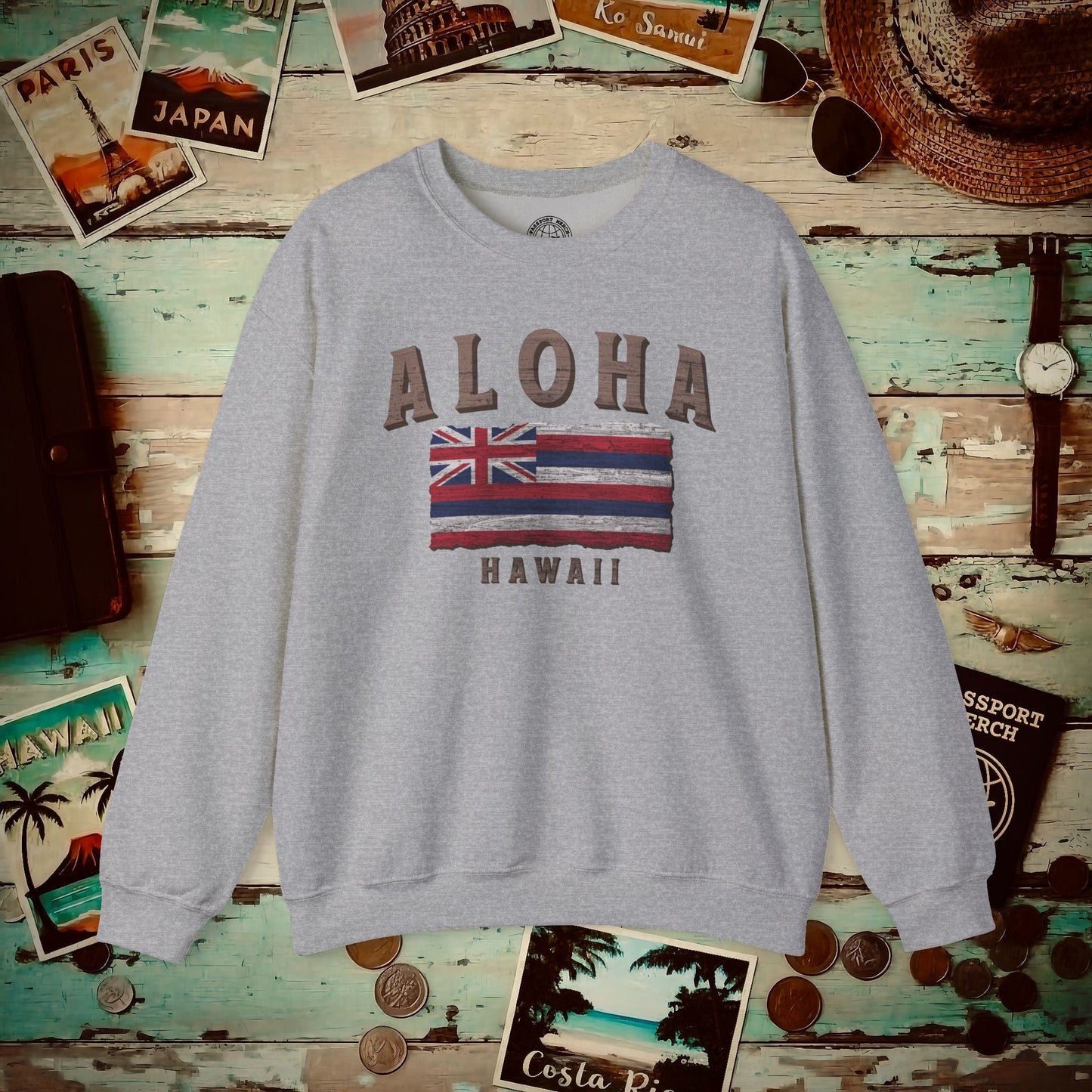 Koa Wood Aloha Hawaiian Flag Crewneck Sport Grey / S