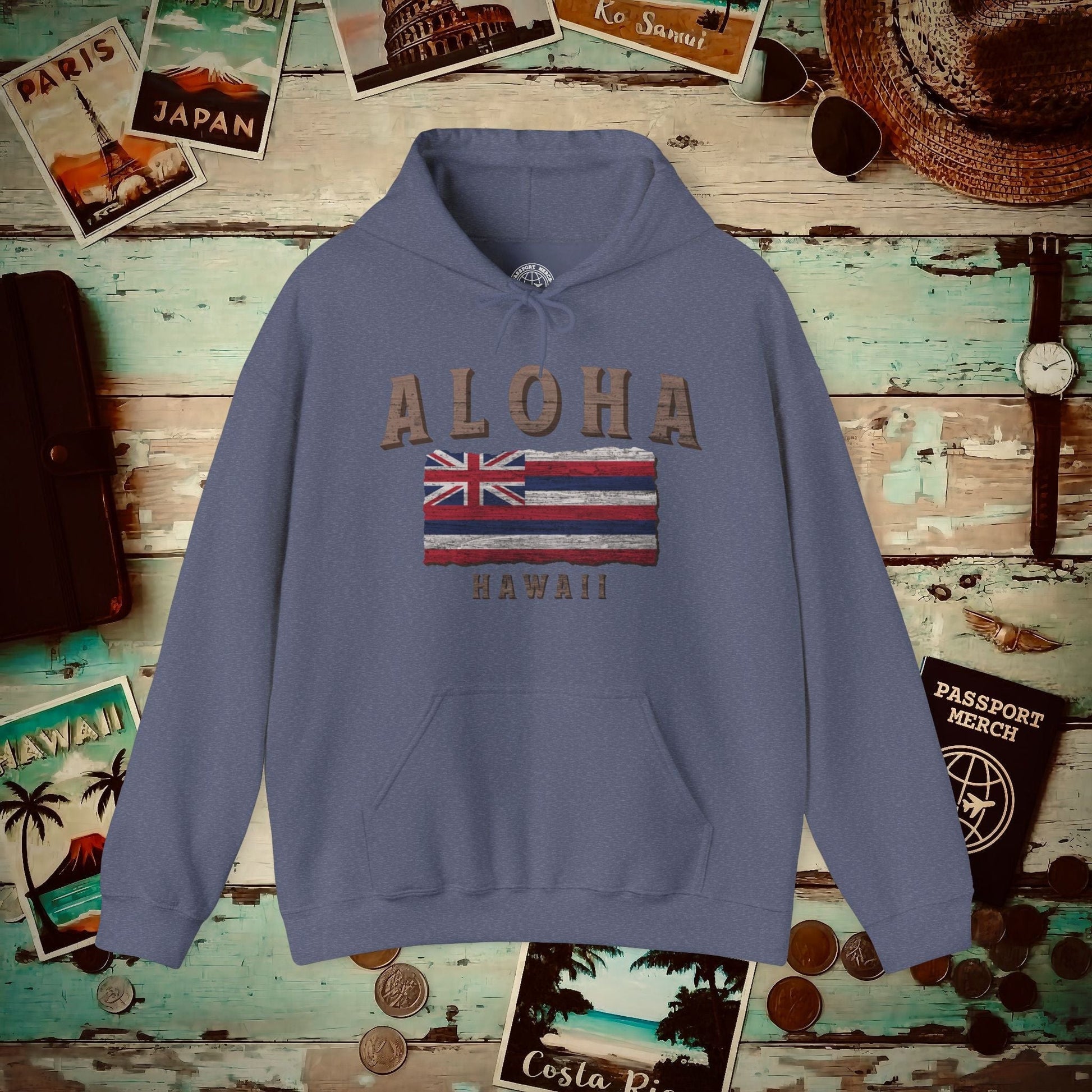 Koa Wood Aloha Hawaiian Flag Hoodie Heather Navy / S