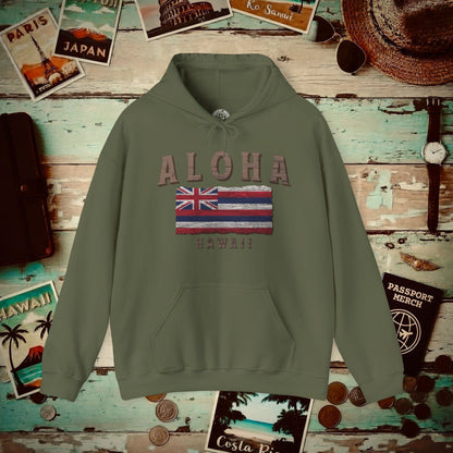 Koa Wood Aloha Hawaiian Flag Hoodie Military Green / S
