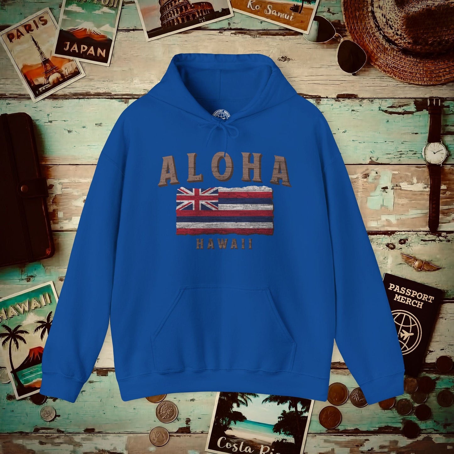 Koa Wood Aloha Hawaiian Flag Hoodie Royal / S