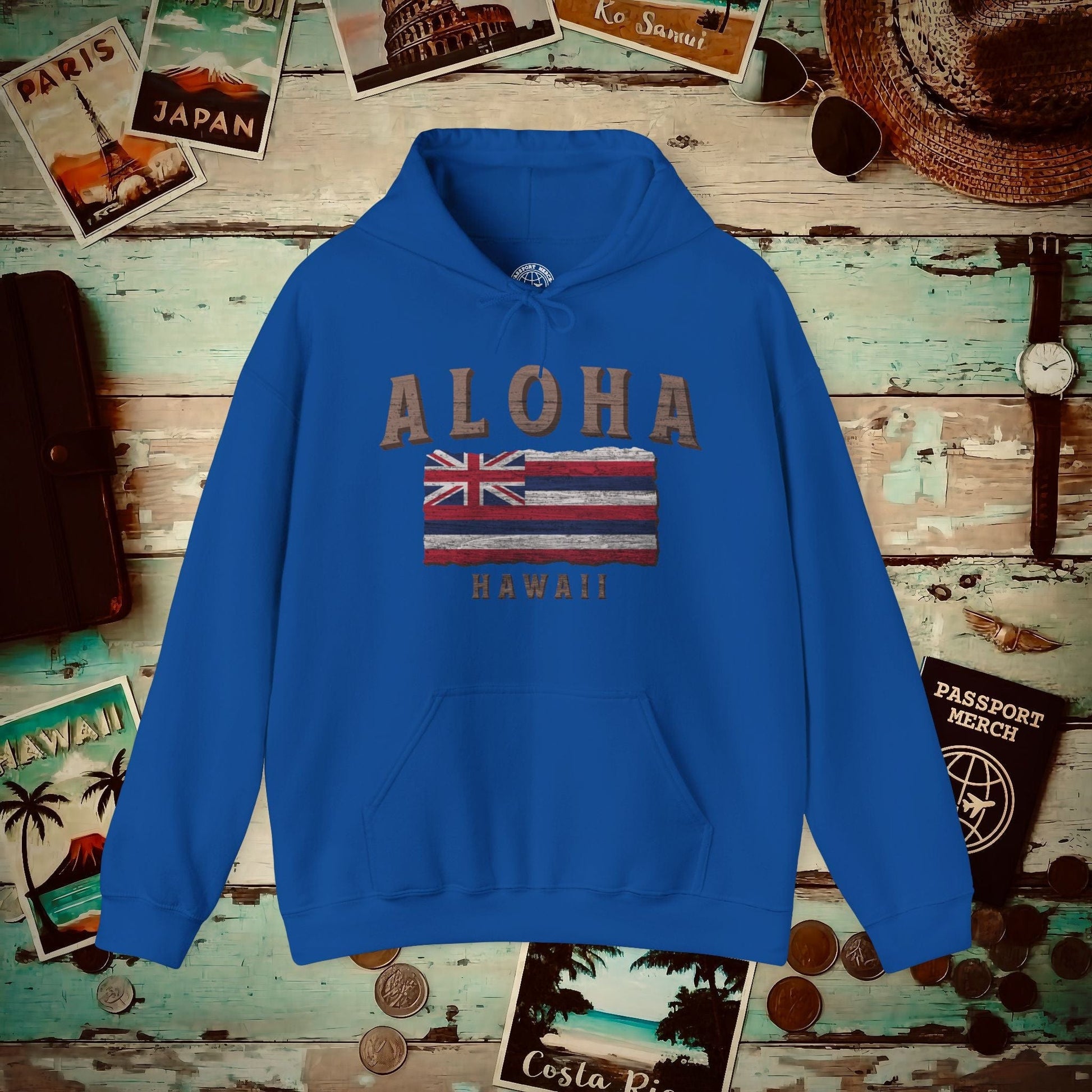 Koa Wood Aloha Hawaiian Flag Hoodie Royal / S