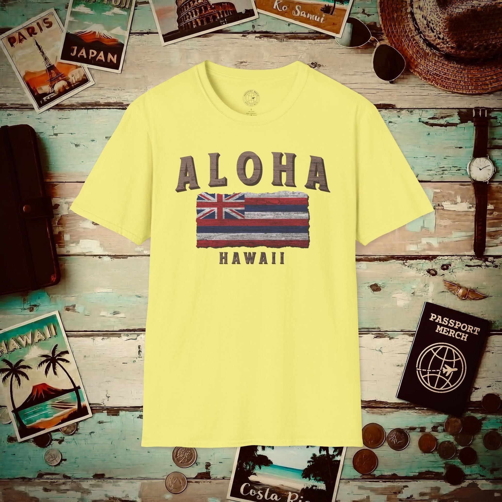 Koa Wood Aloha Hawaiian Flag T-Shirt Cornsilk / S