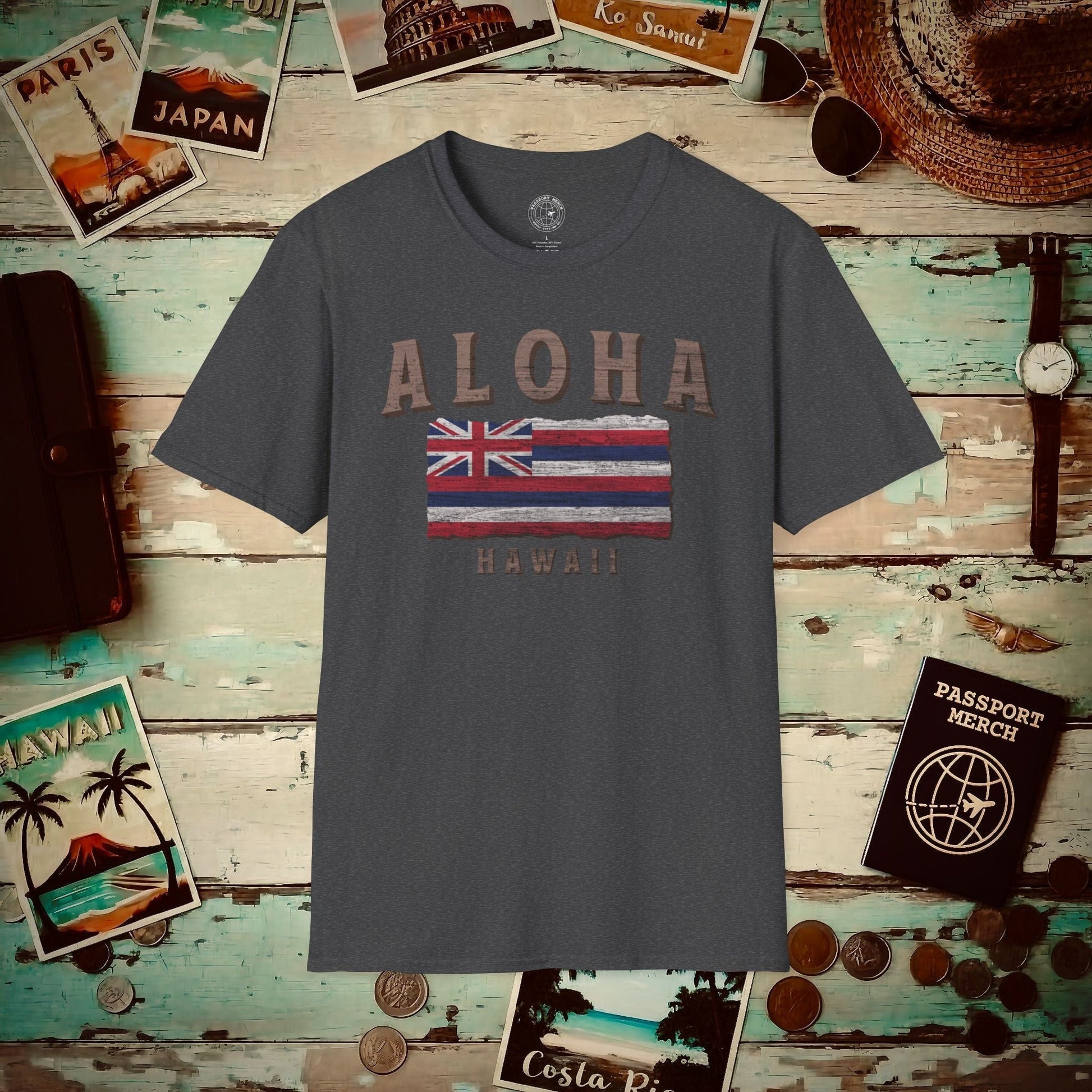 Koa Wood Aloha Hawaiian Flag T-Shirt Dark Heather / S