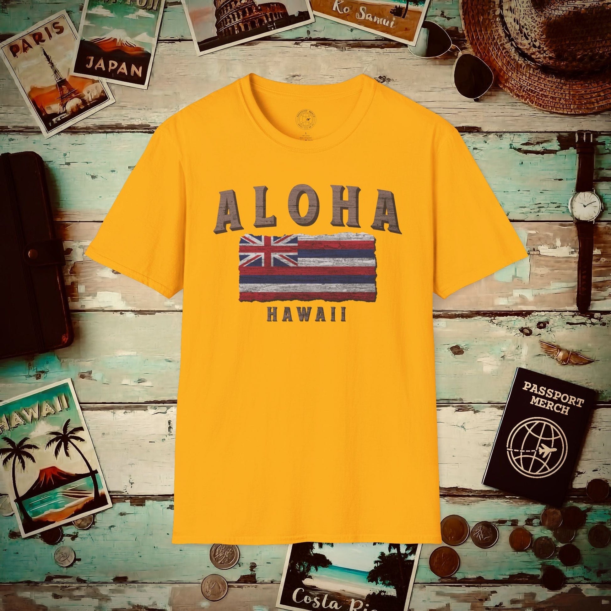 Koa Wood Aloha Hawaiian Flag T-Shirt Gold / S