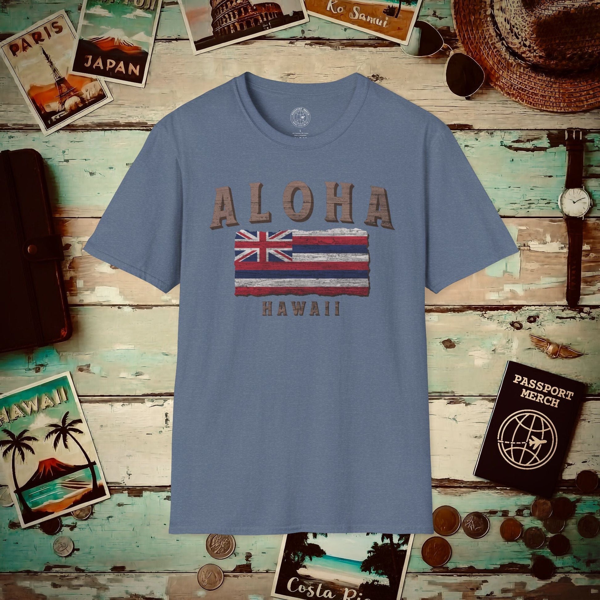 Koa Wood Aloha Hawaiian Flag T-Shirt Heather Indigo / S