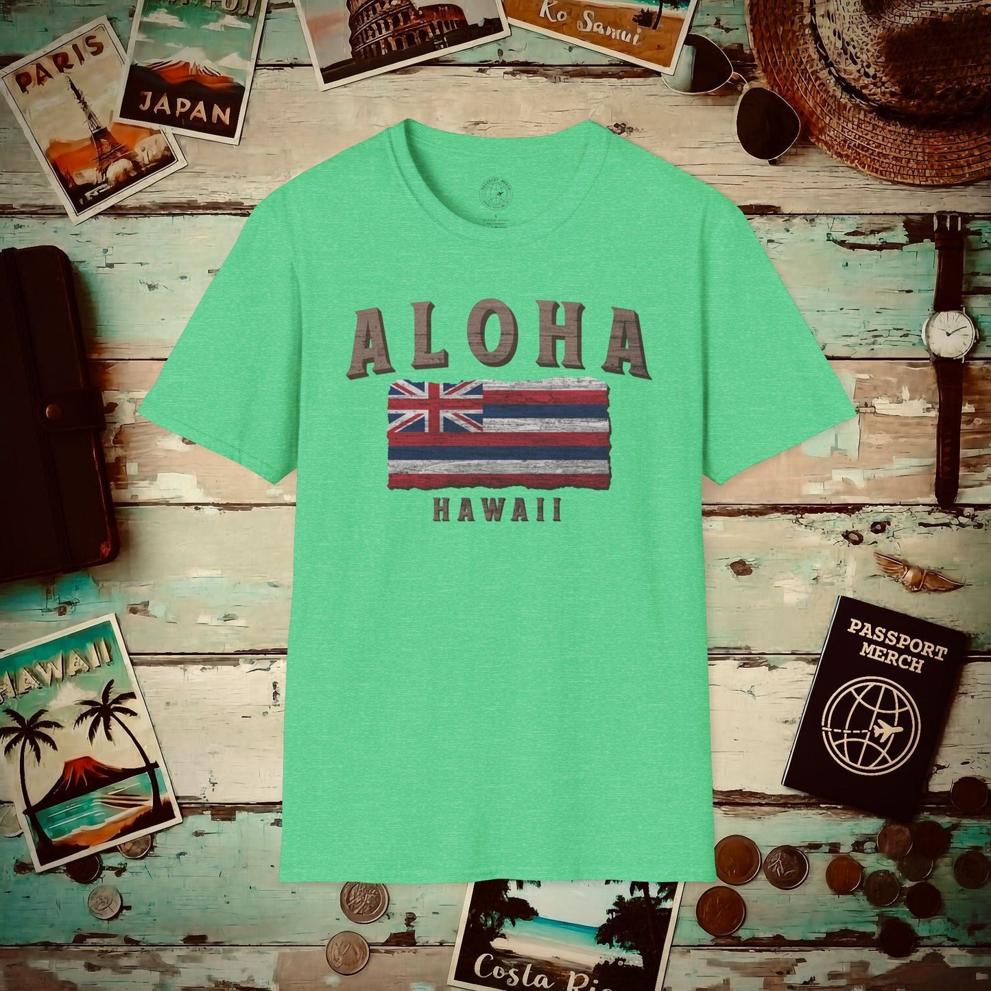 Koa Wood Aloha Hawaiian Flag T-Shirt Heather Irish Green / S