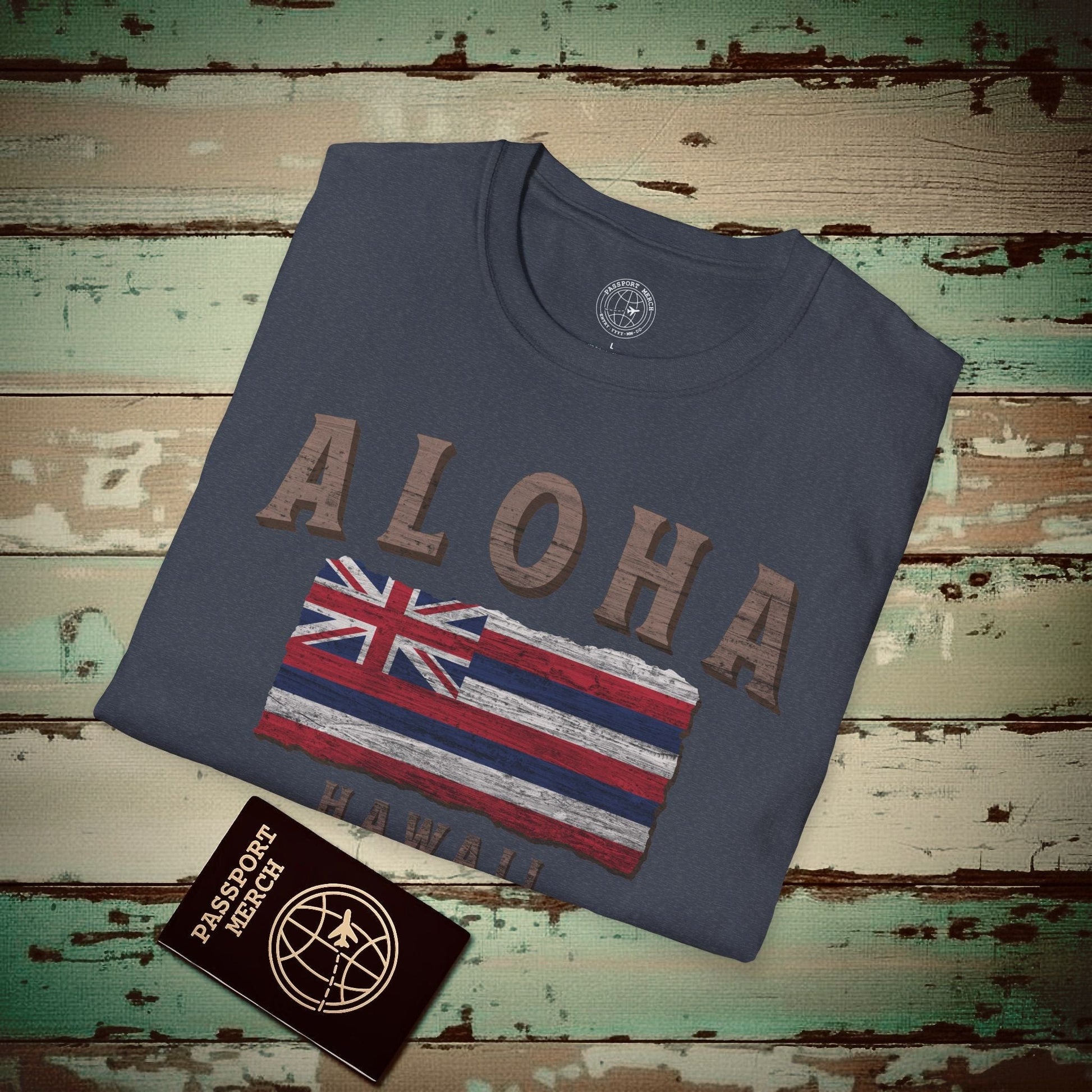 Koa Wood Aloha Hawaiian Flag T-Shirt Heather Navy / S