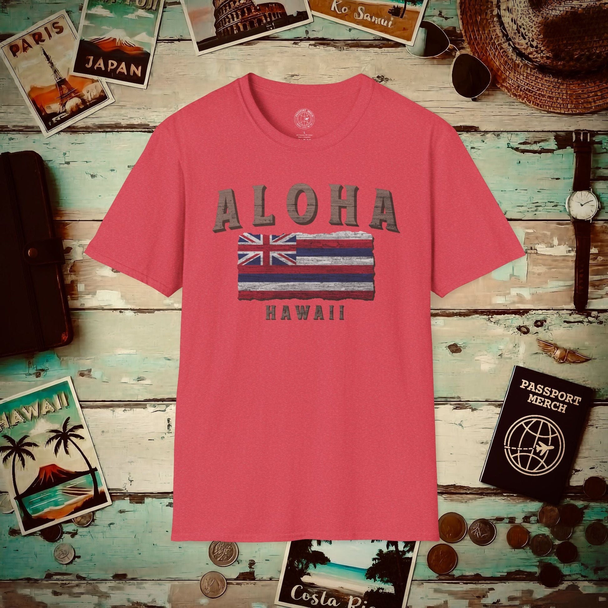 Koa Wood Aloha Hawaiian Flag T-Shirt Heather Red / S
