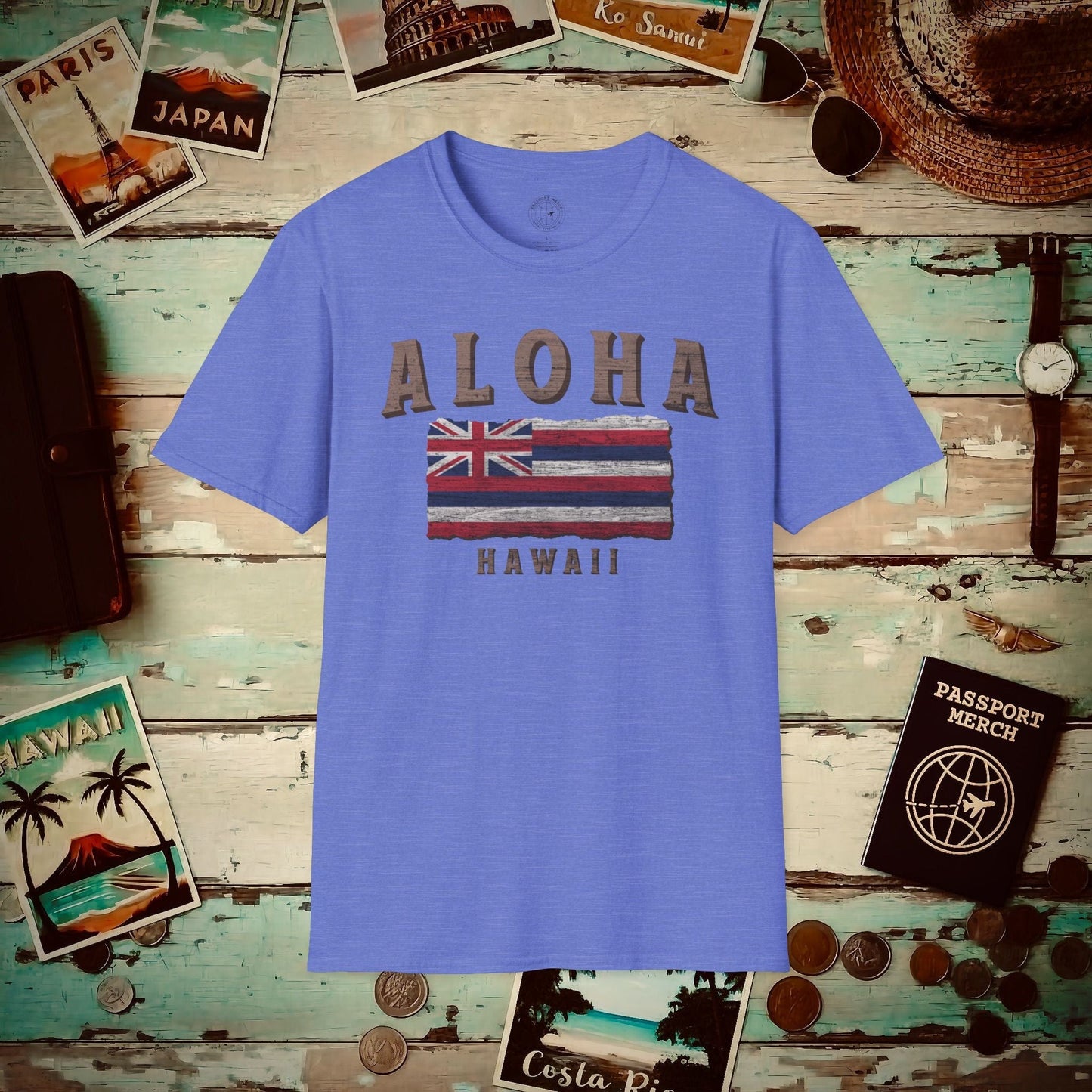 Koa Wood Aloha Hawaiian Flag T-Shirt Heather Royal / S