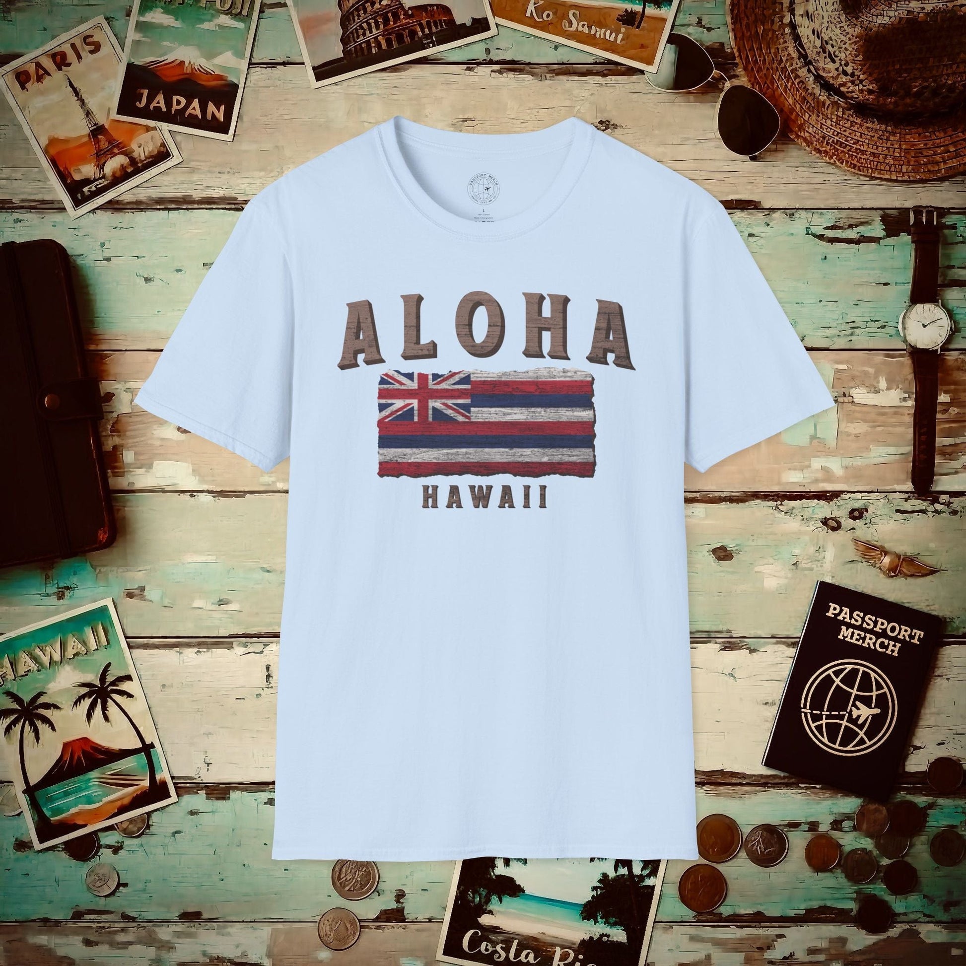 Koa Wood Aloha Hawaiian Flag T-Shirt Light Blue / S