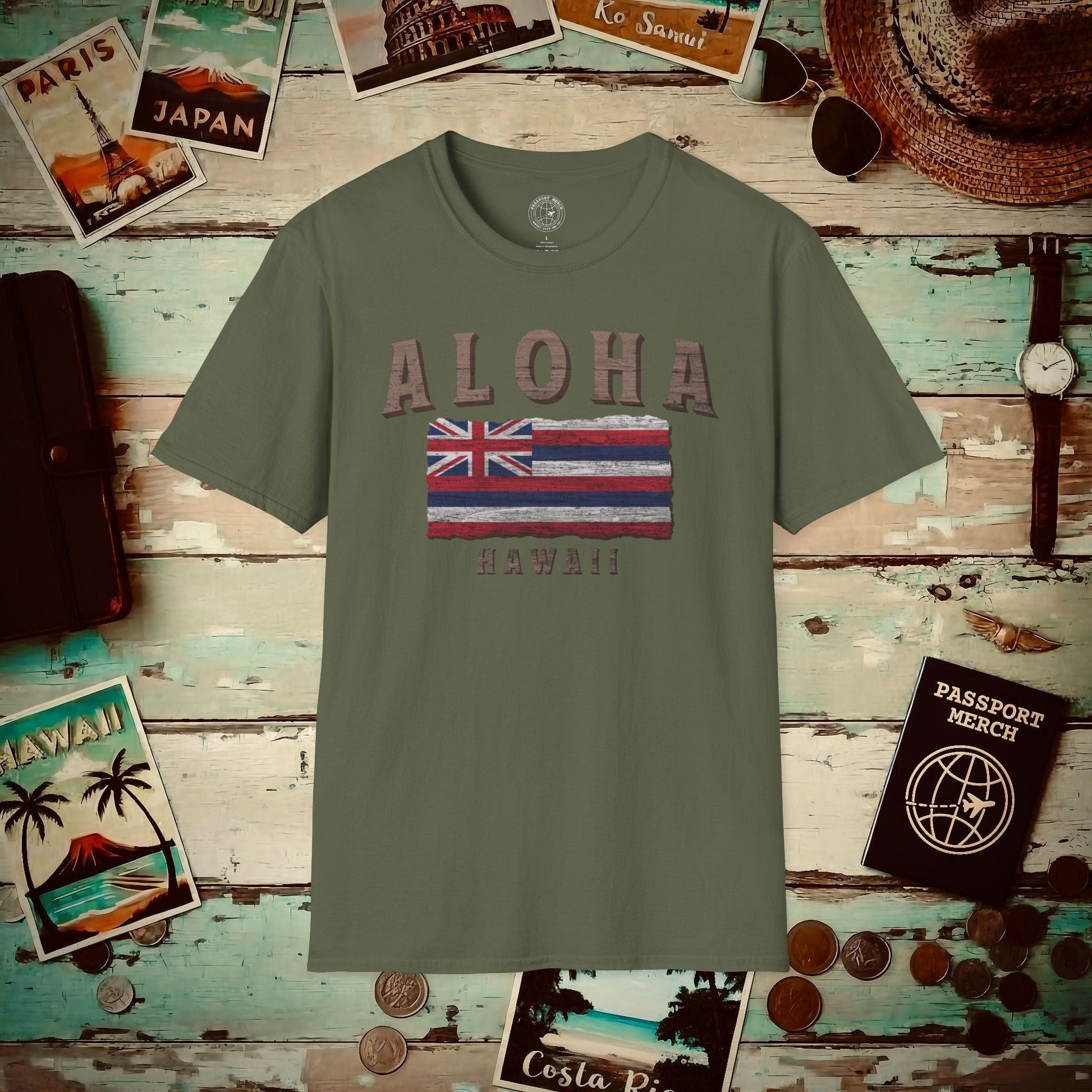 Koa Wood Aloha Hawaiian Flag T-Shirt Military Green / S