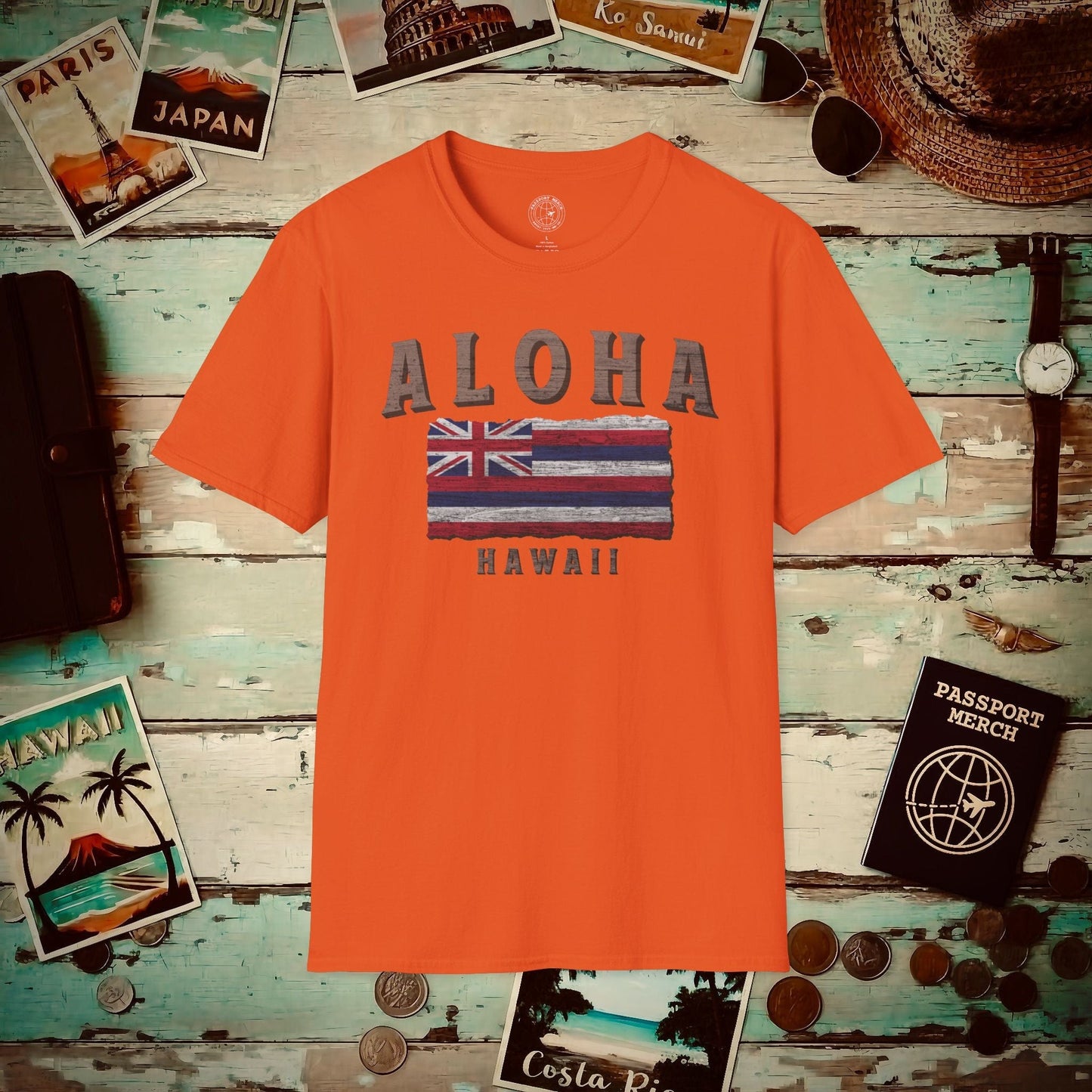 Koa Wood Aloha Hawaiian Flag T-Shirt Orange / S