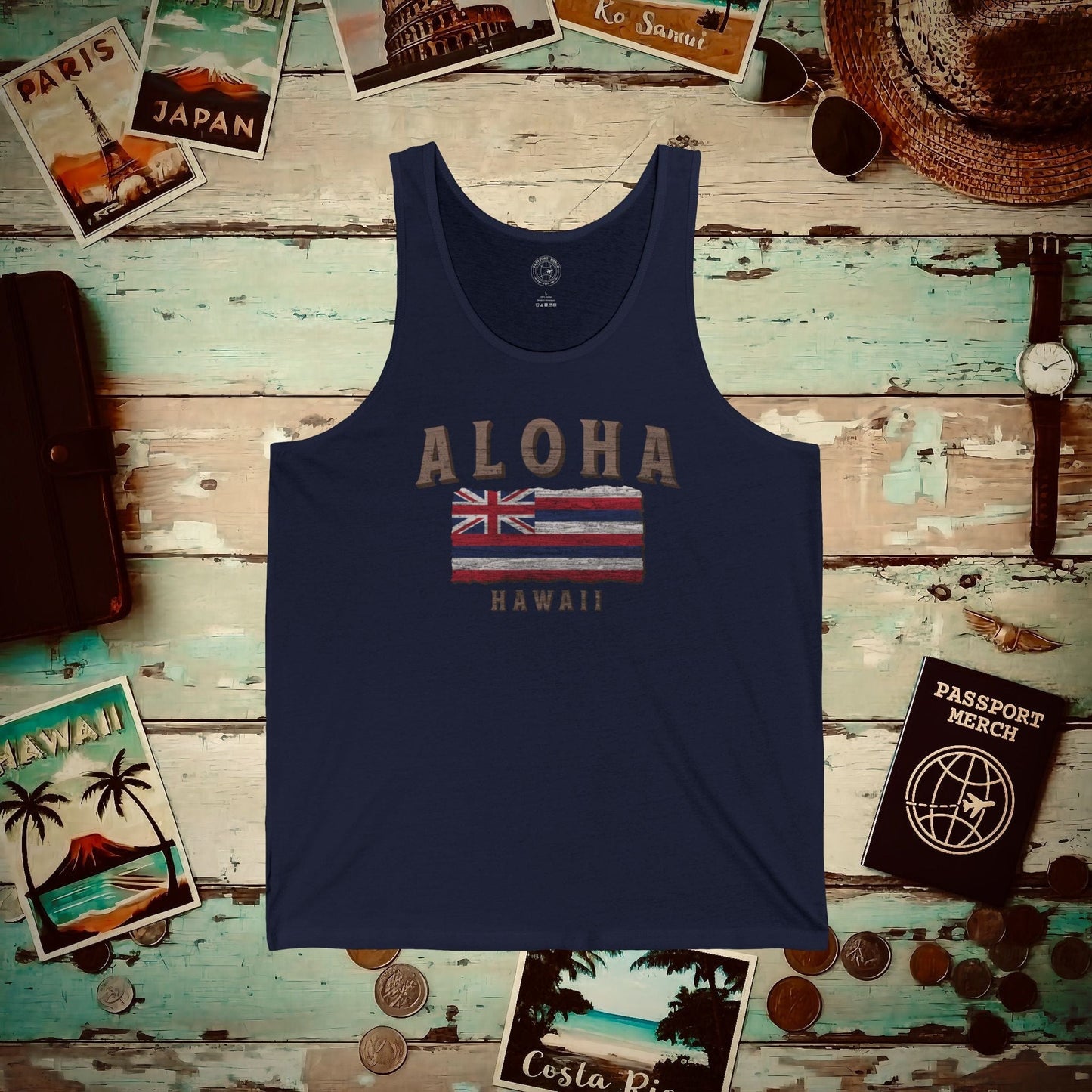 Koa Wood Aloha Hawaiian Flag Tank Top Navy / XS