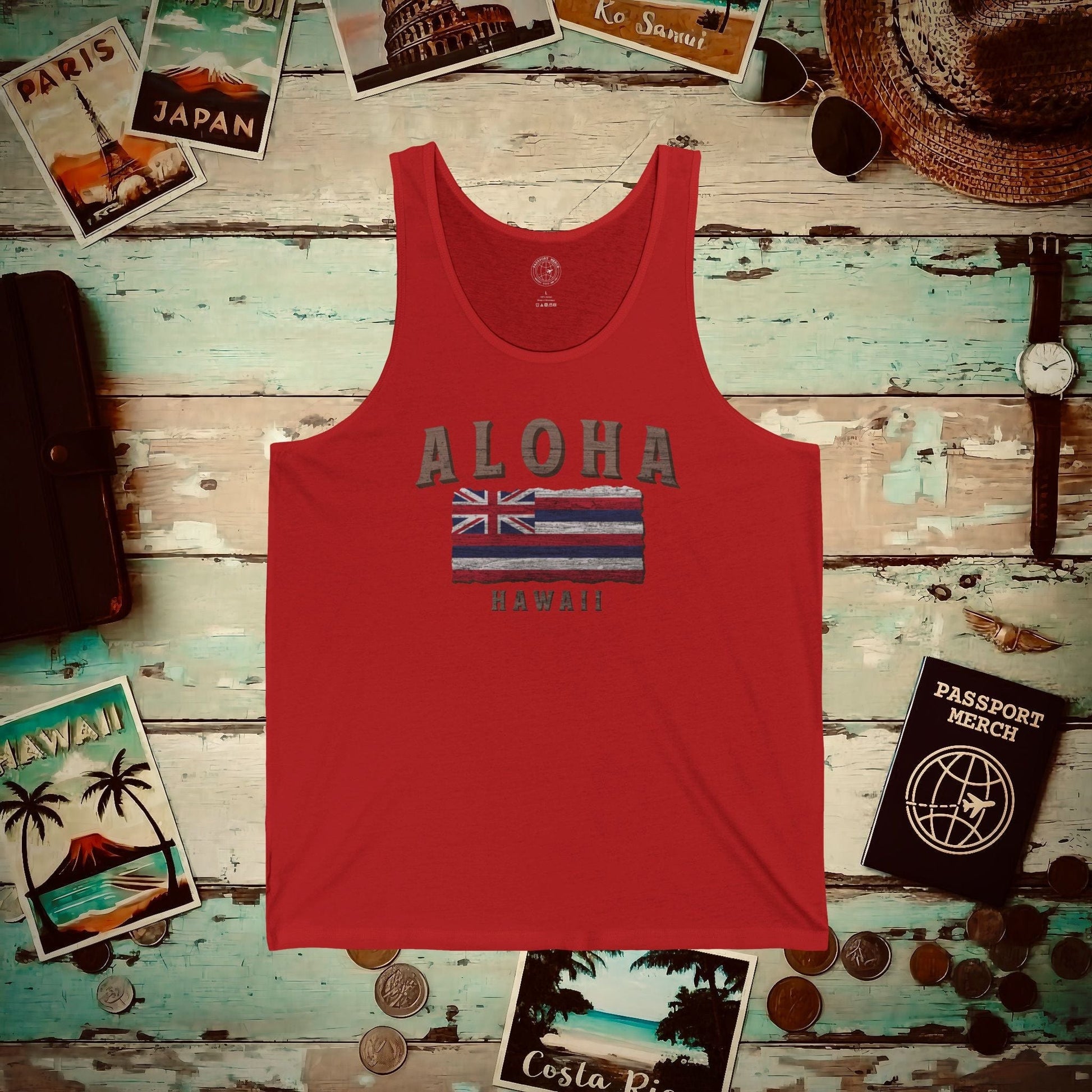 Koa Wood Aloha Hawaiian Flag Tank Top Red / XS