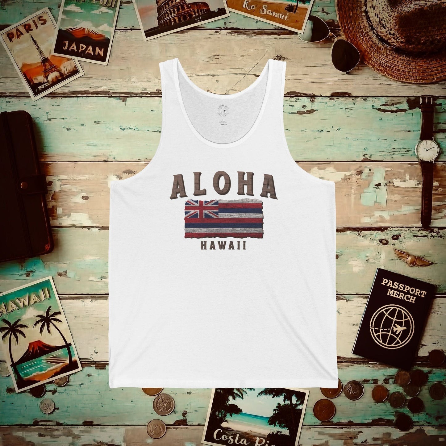 Koa Wood Aloha Hawaiian Flag Tank Top White / XS