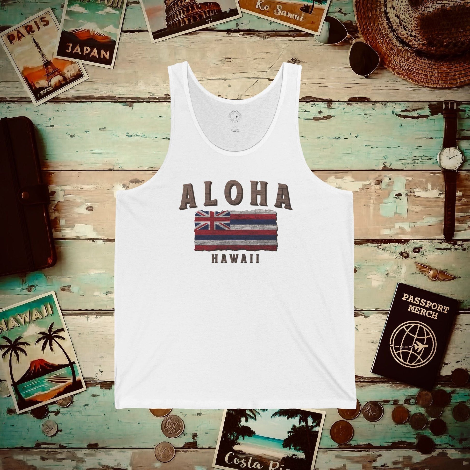 Koa Wood Aloha Hawaiian Flag Tank Top White / XS