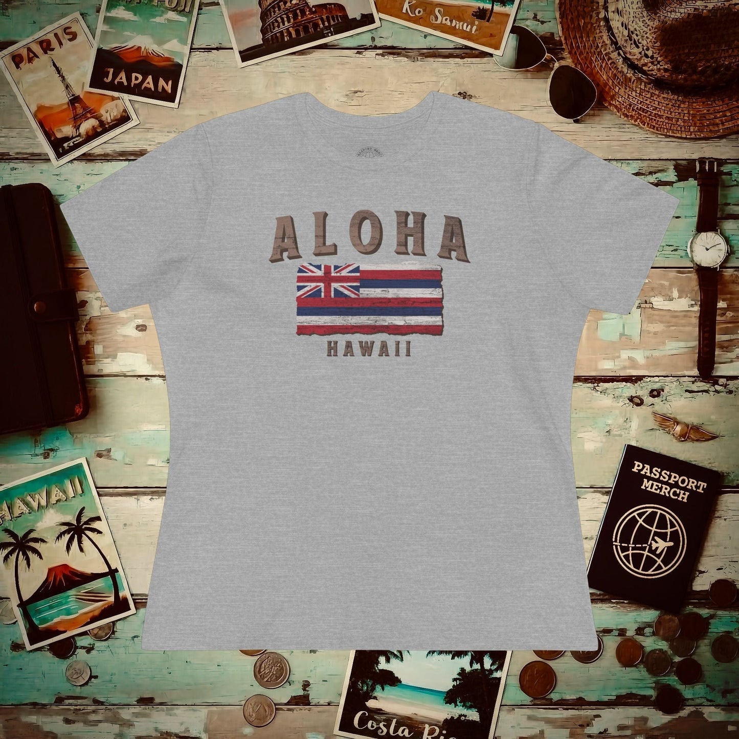 Koa Wood Aloha Hawaiian Flag, Womens Fit T-Shirt Athletic Heather / S