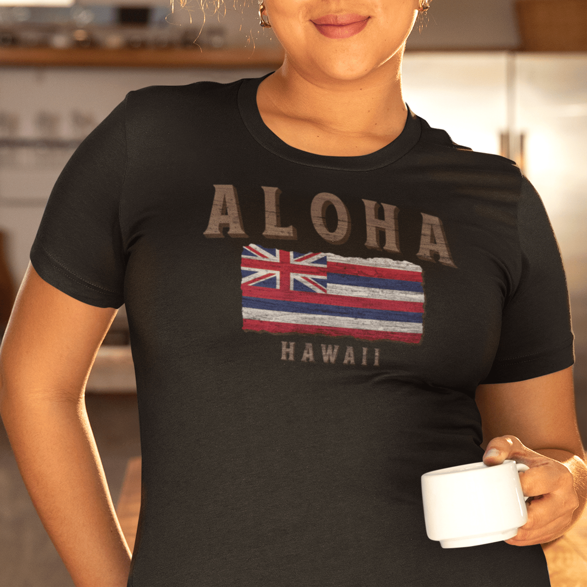 Koa Wood Aloha Hawaiian Flag, Womens Fit T-Shirt Black / S
