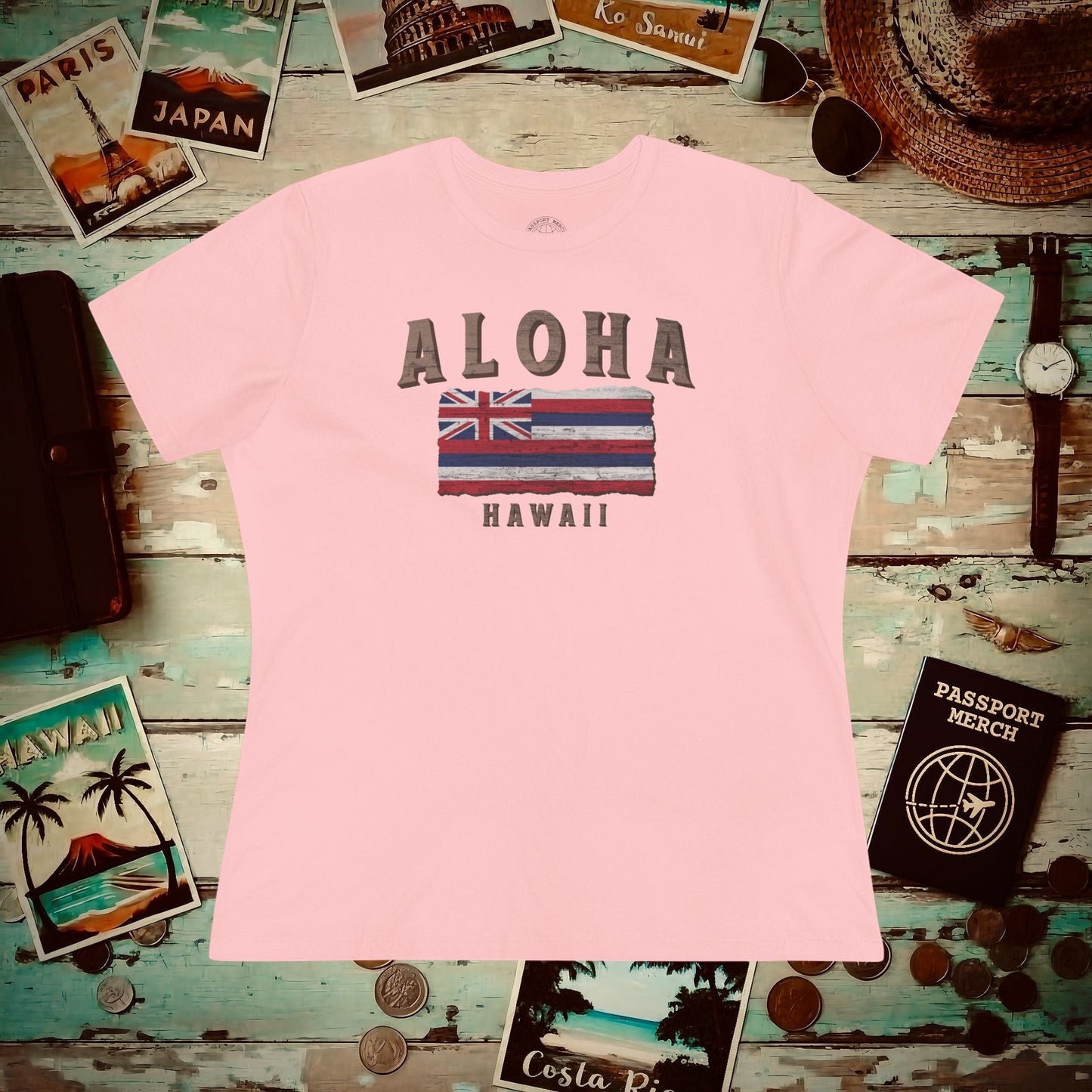 Koa Wood Aloha Hawaiian Flag, Womens Fit T-Shirt Pink / S