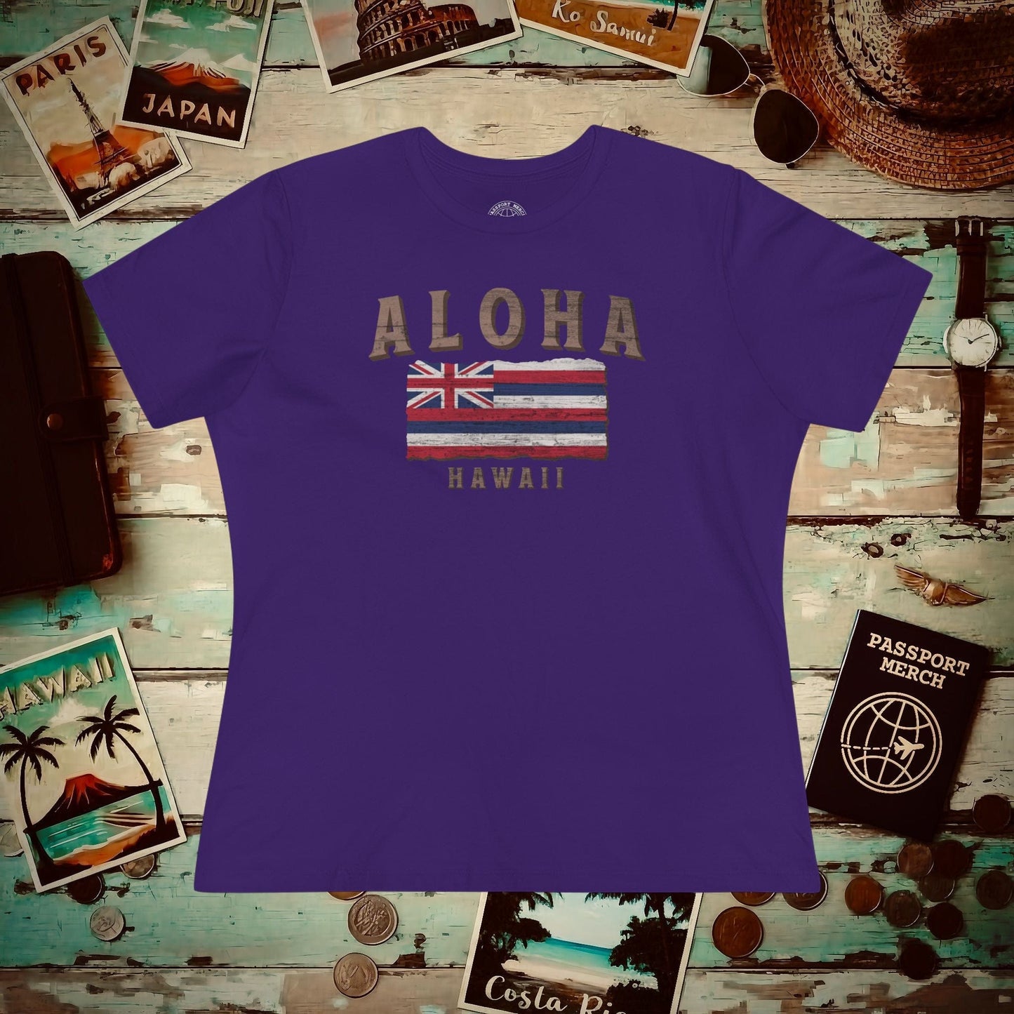 Koa Wood Aloha Hawaiian Flag, Womens Fit T-Shirt Team Purple / S