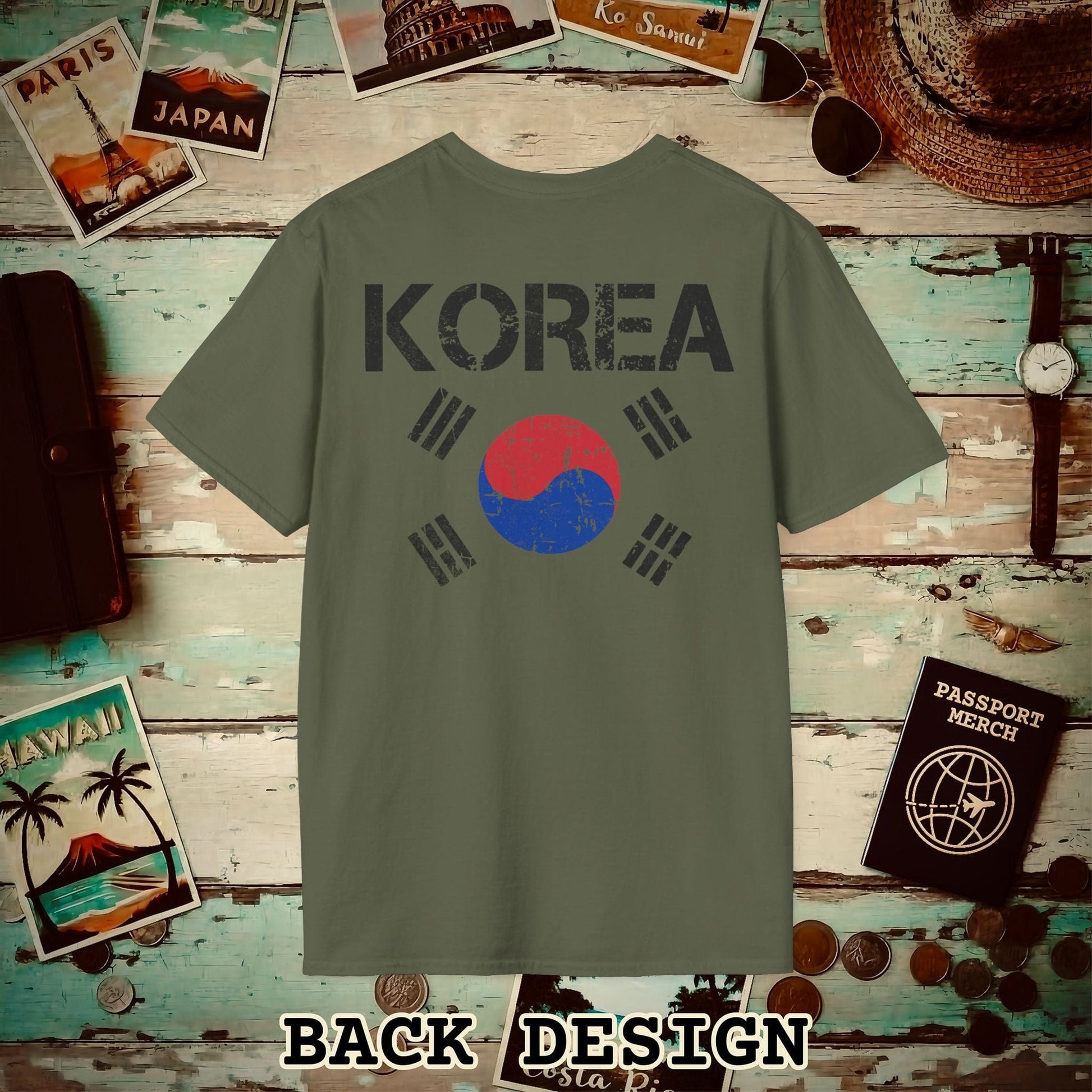 Korea Vintage Flag Back Print T-Shirt Military Green / S