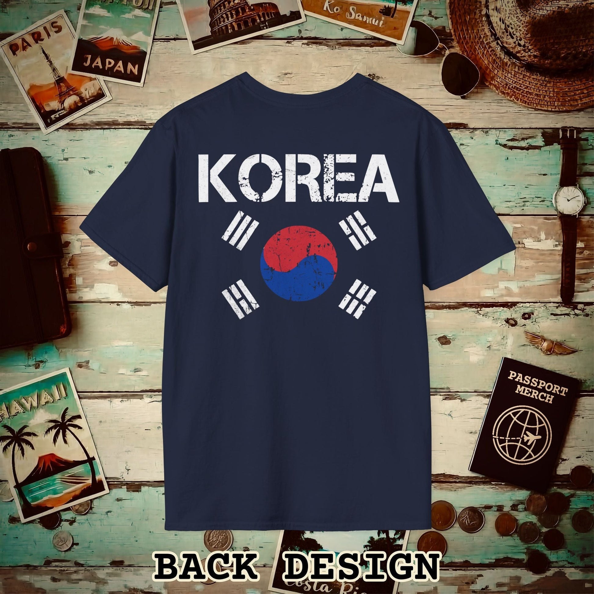 Korea Vintage Flag Back Print T-Shirt Navy / S
