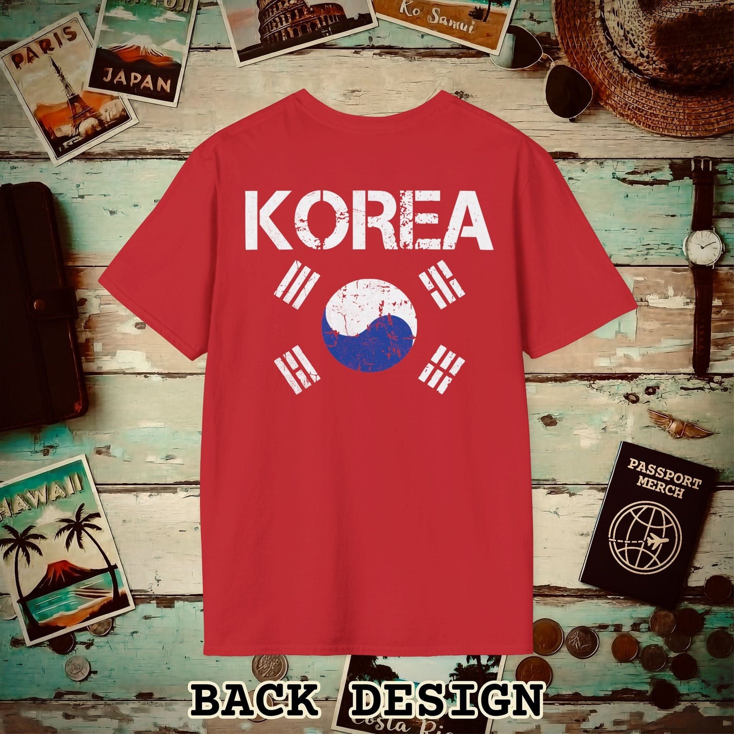Korea Vintage Flag Back Print T-Shirt Red / S