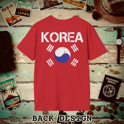 Korea Vintage Flag Back Print T-Shirt Red / S