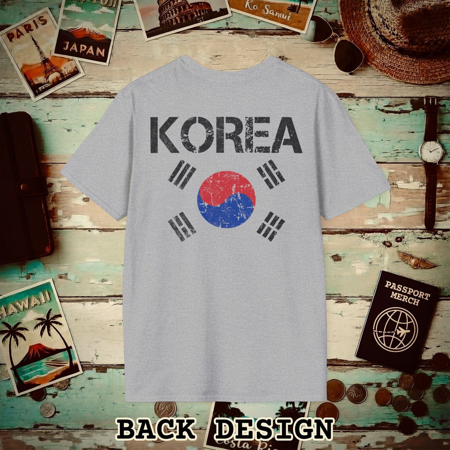 Korea Vintage Flag Back Print T-Shirt Sport Grey / S