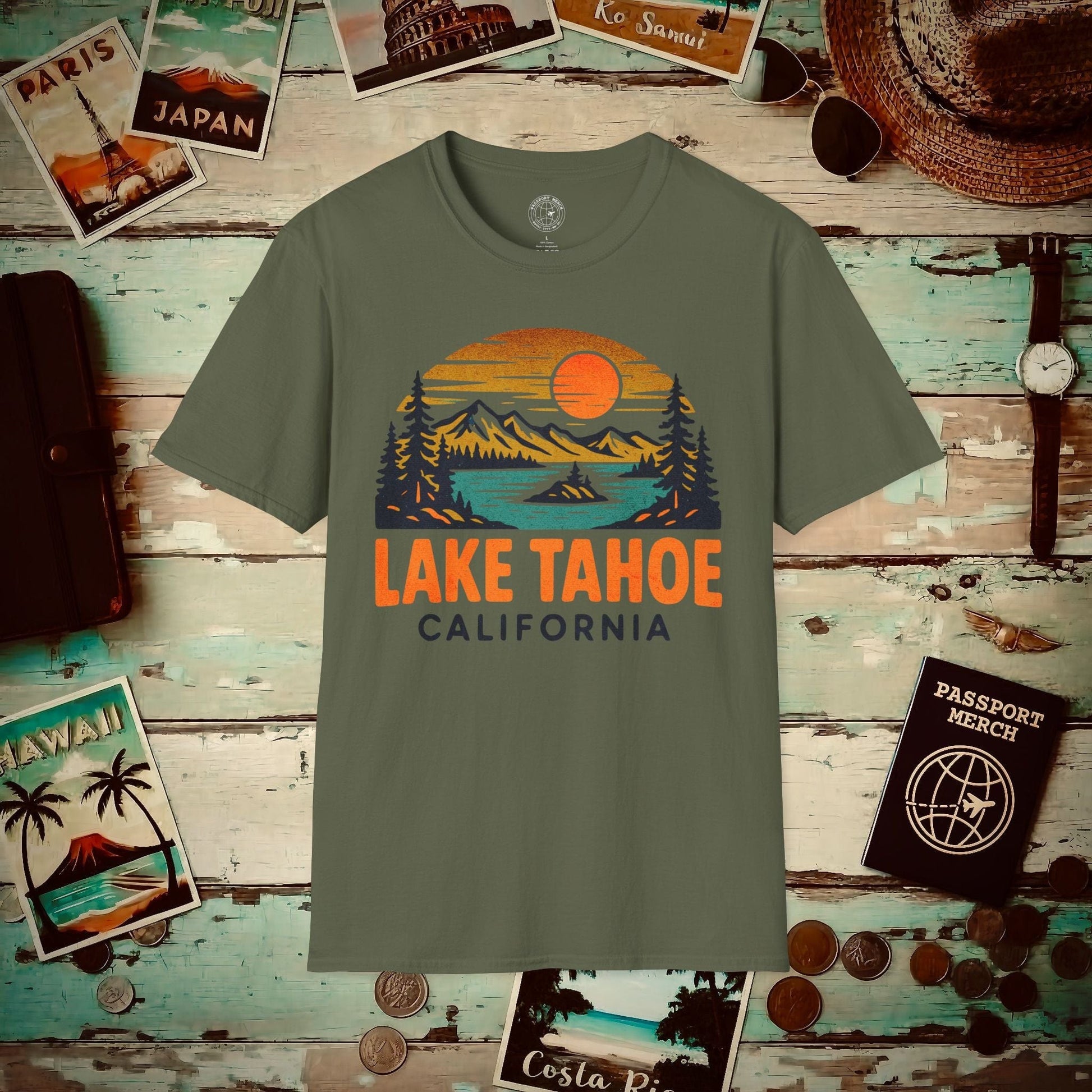 Lake Tahoe, California - 80's Vintage T-Shirt Military Green / S