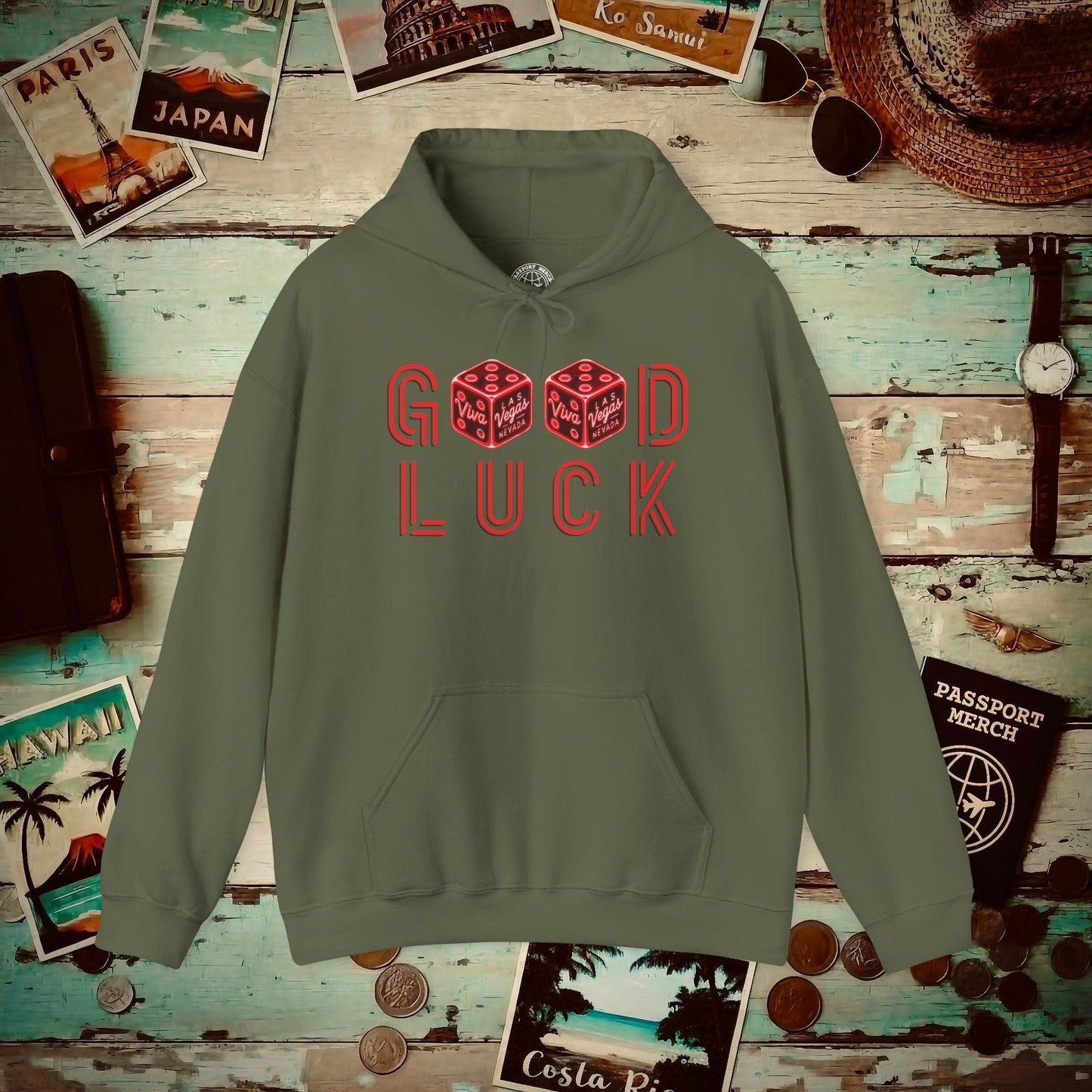 Las Vegas, Nevada, Good Luck Hoodie Military Green / S