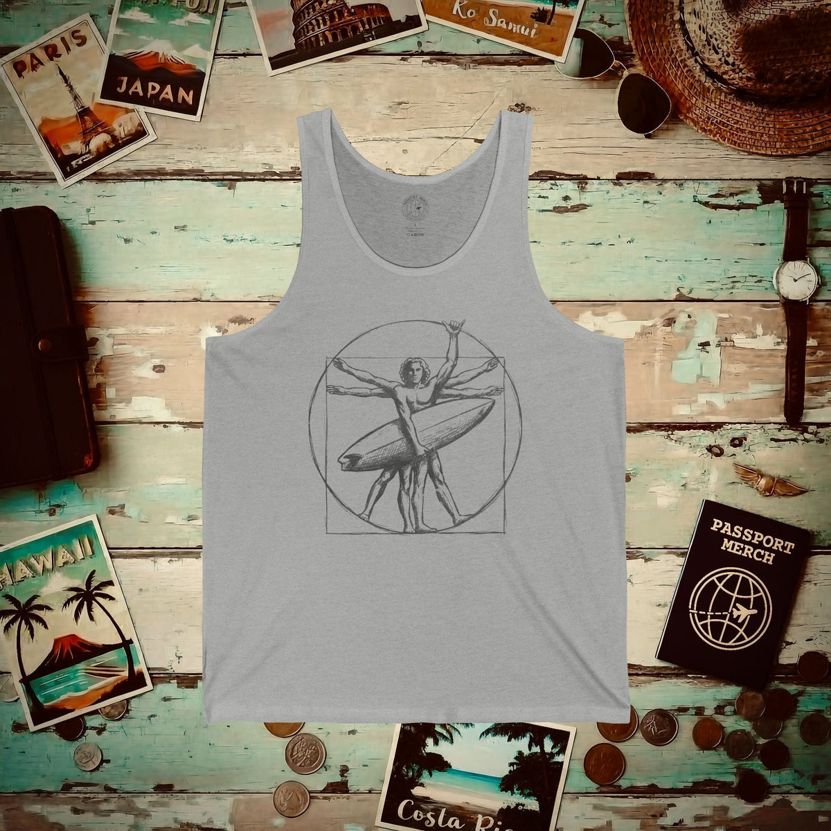 Leonardo da Shaka Vitruvian Surfer Man, Hawaii Tank Top Athletic Heather / XS