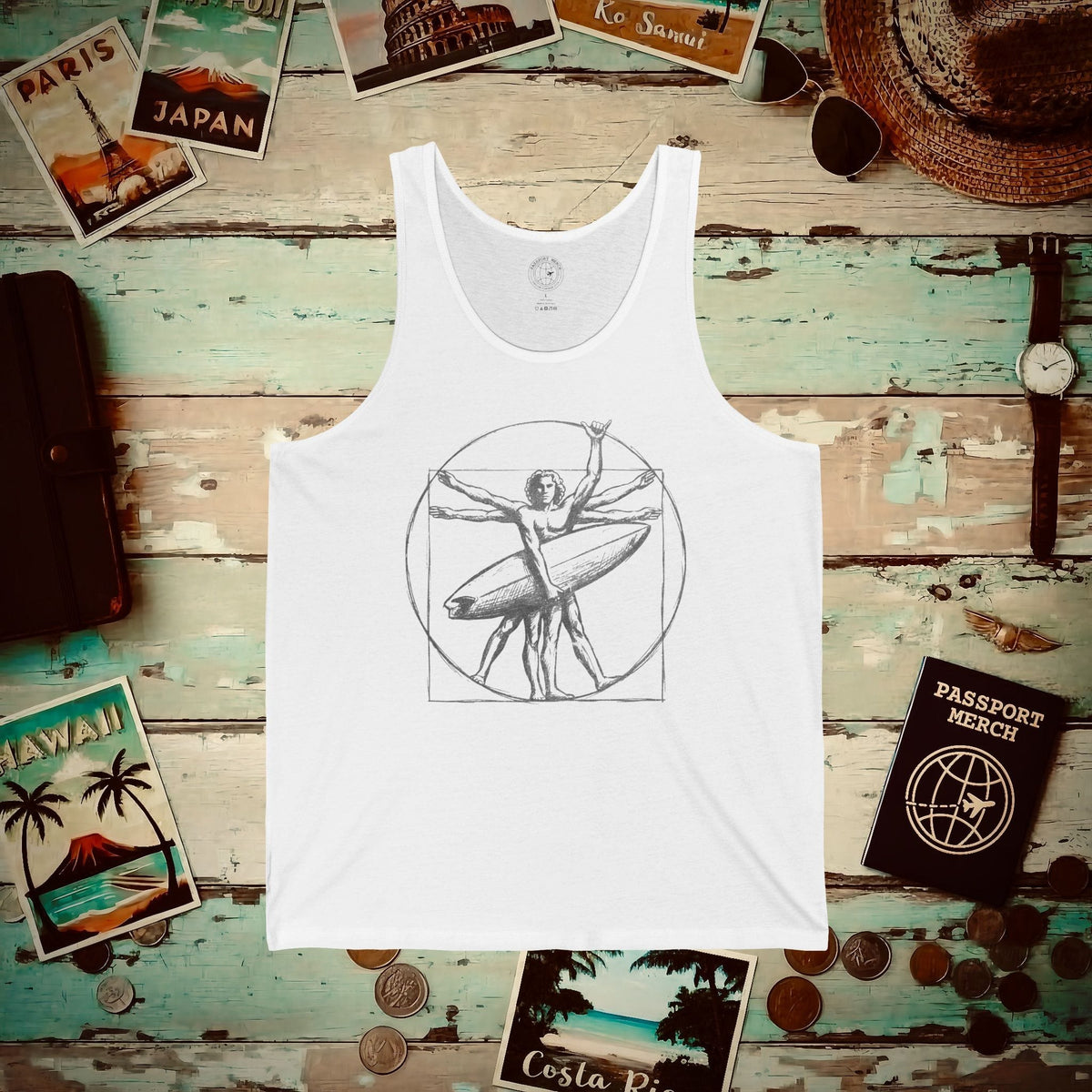 Leonardo da Shaka Vitruvian Surfer Man, Hawaii Tank Top White / XS
