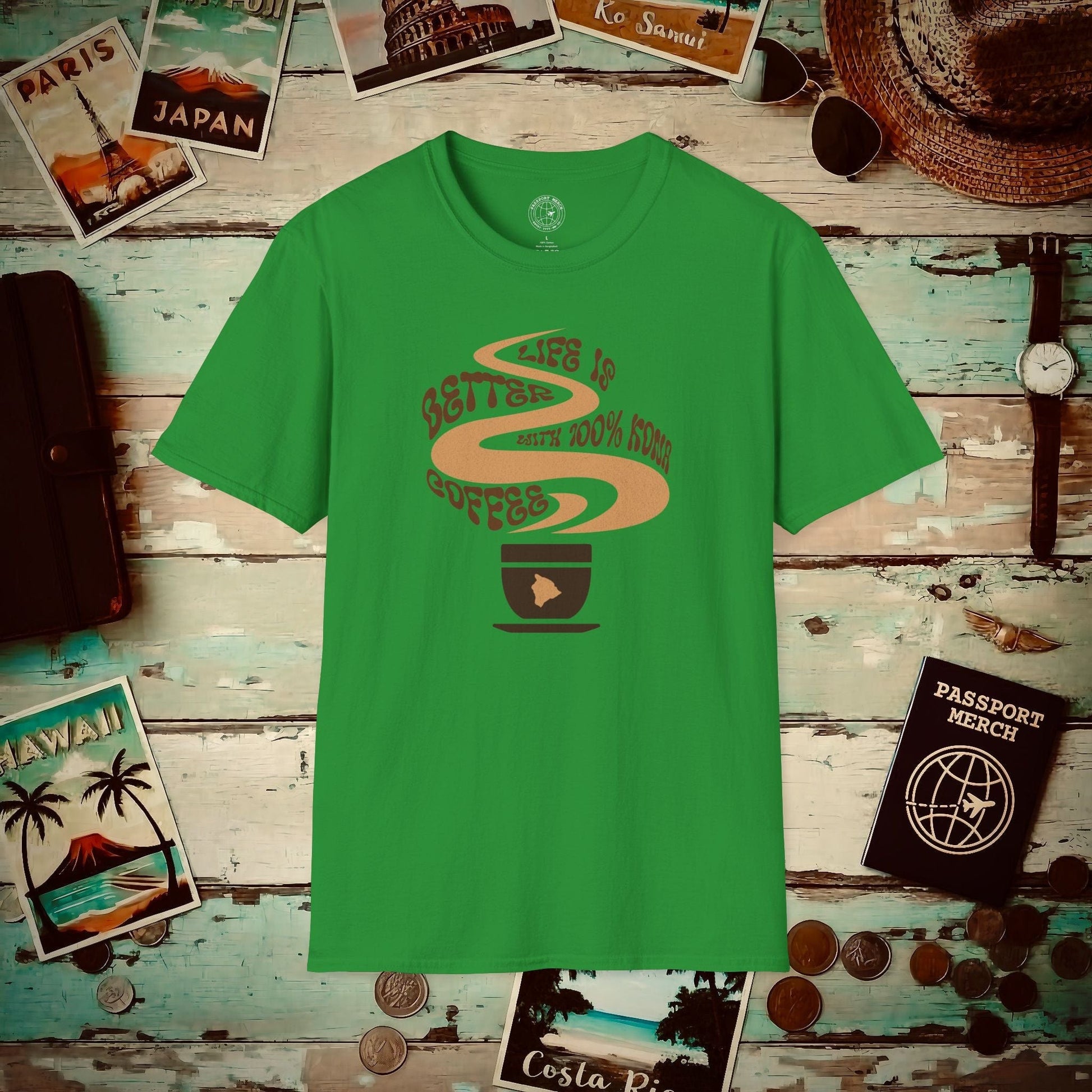 Life is better with 100% Kona Coffee, Hawaii T-Shirt Irish Green / S