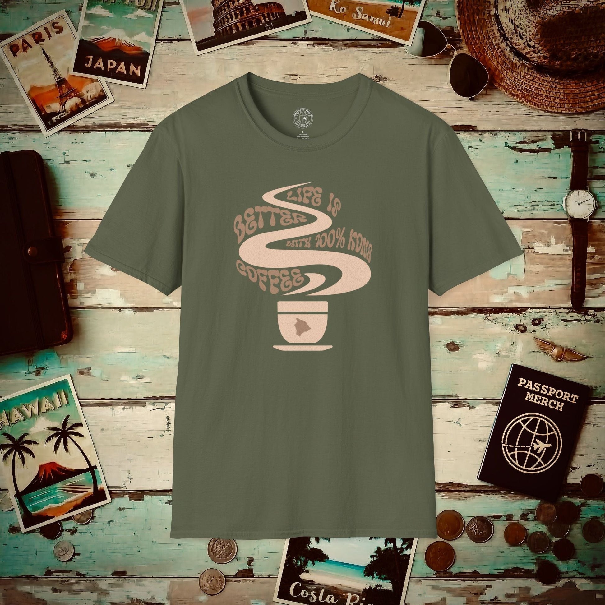 Life is better with 100% Kona Coffee, Hawaii T-Shirt Military Green / S