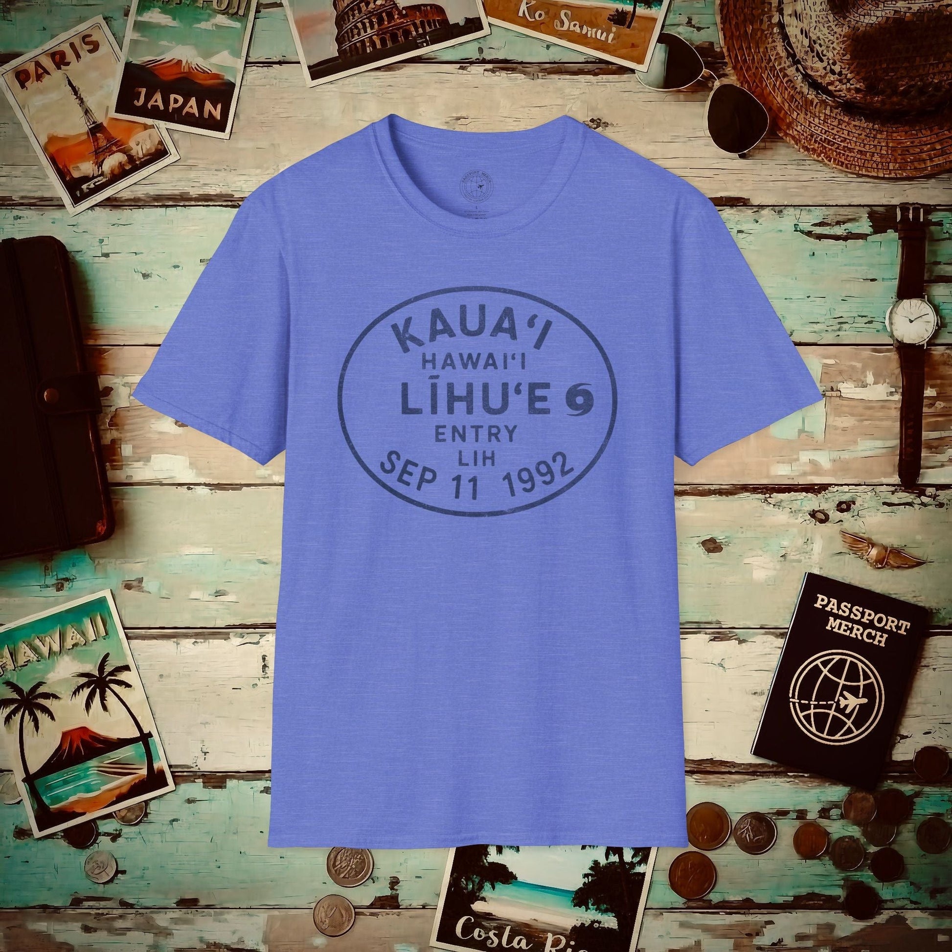 Lihue, Kauai, Hawaii - Vintage Passport Stamp T-Shirt Heather Royal / S
