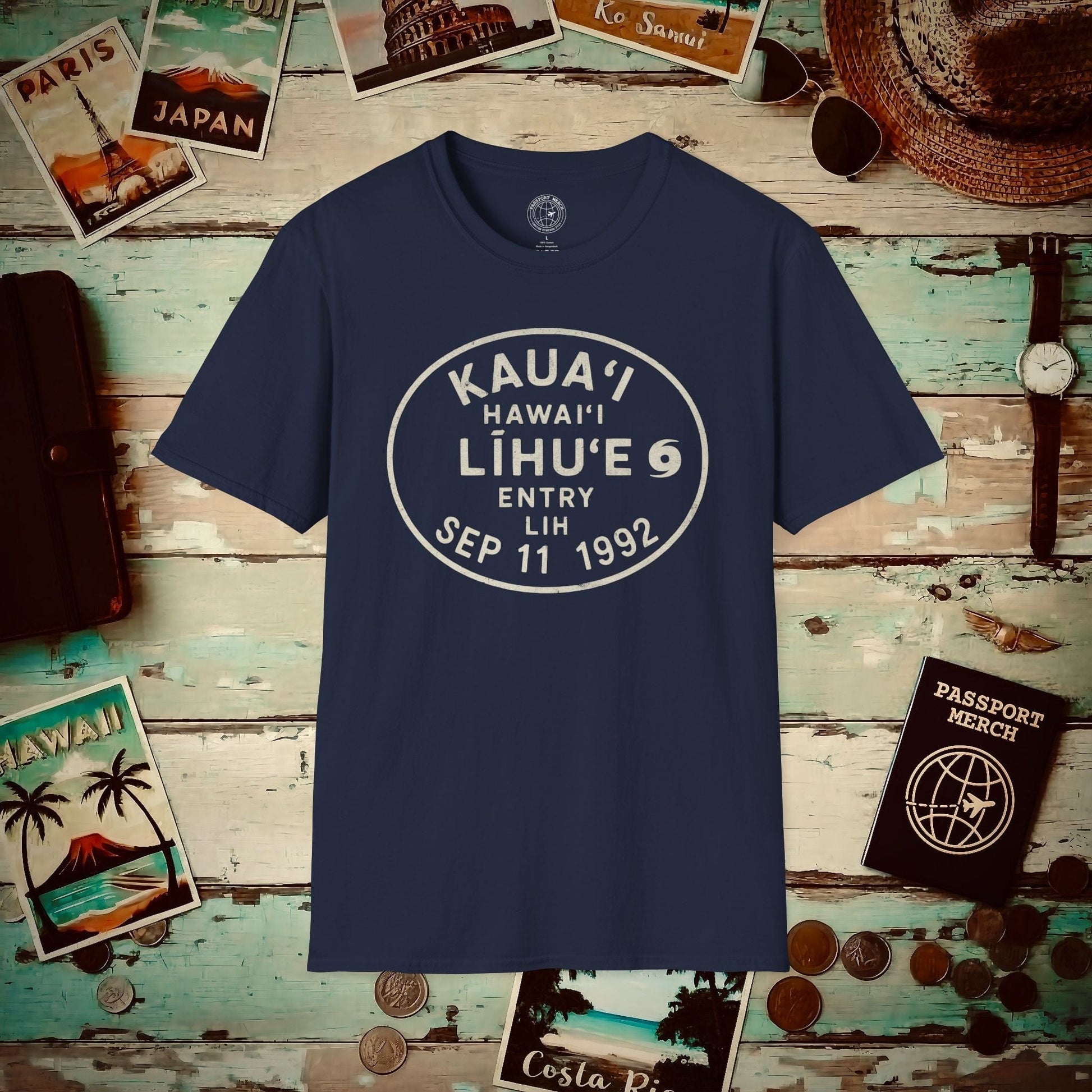 Lihue, Kauai, Hawaii - Vintage Passport Stamp T-Shirt Navy / S