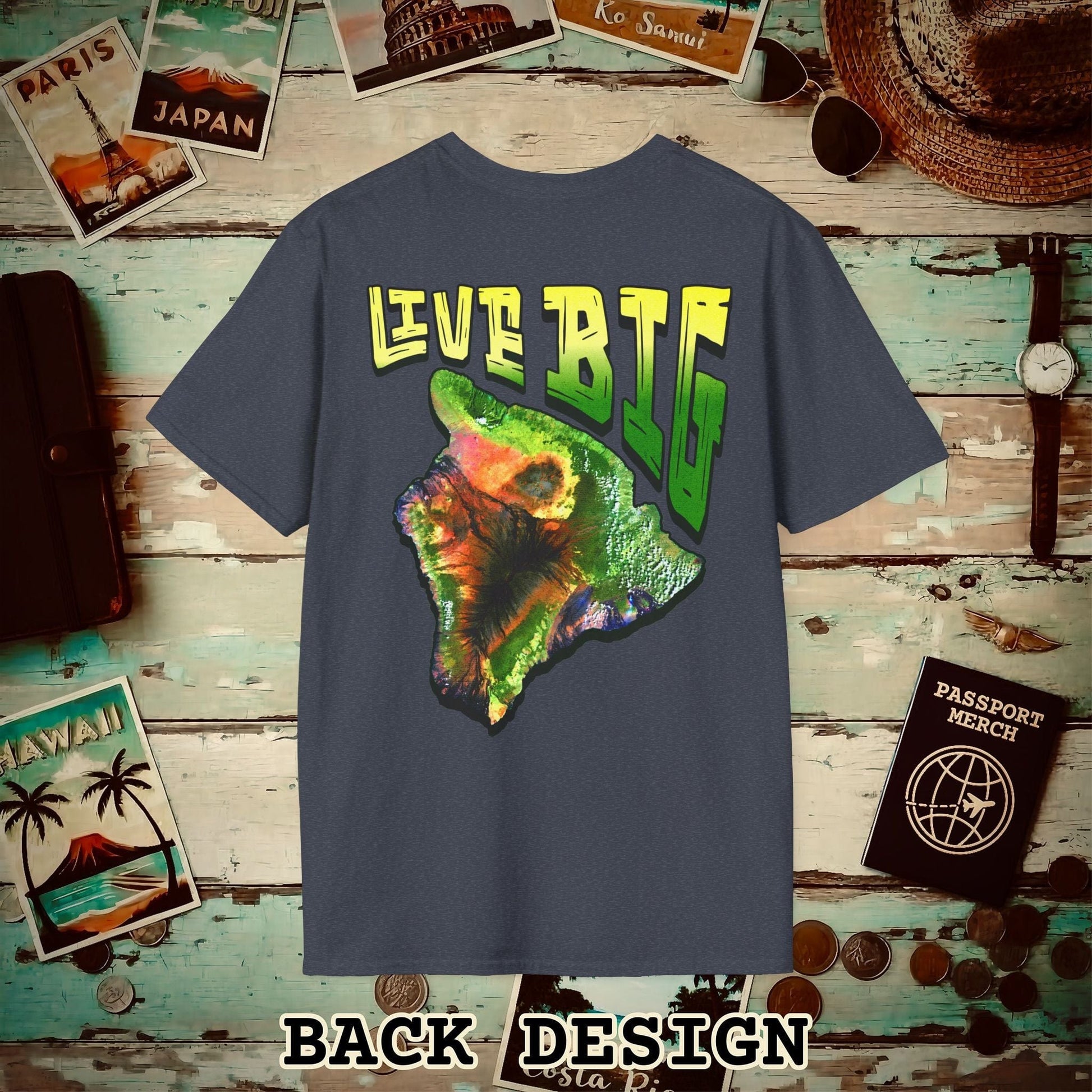 Live BIG (Island), Hawaii, Back Print T-Shirt Heather Navy / S