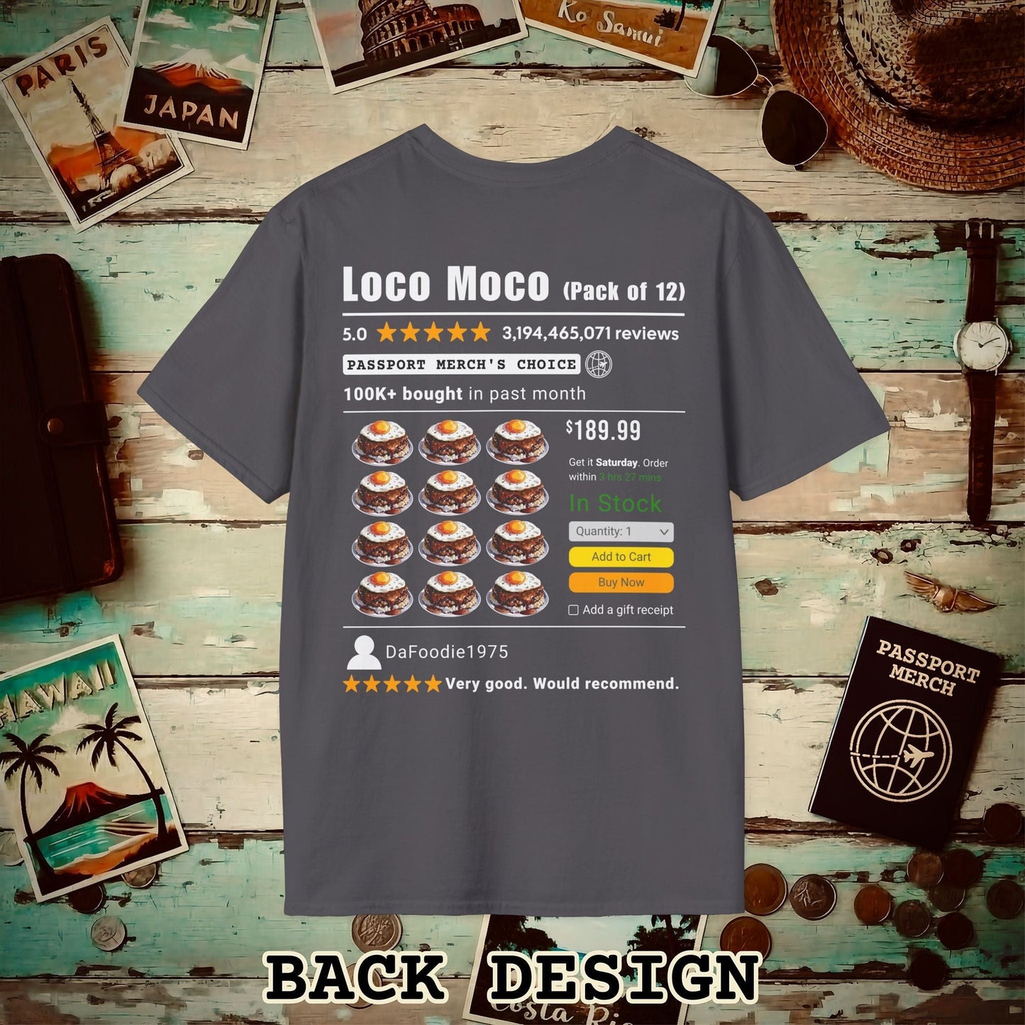 Loco Moco (5-Star Buy Now Edition), Hawaii, Back Print T-Shirt Charcoal / S