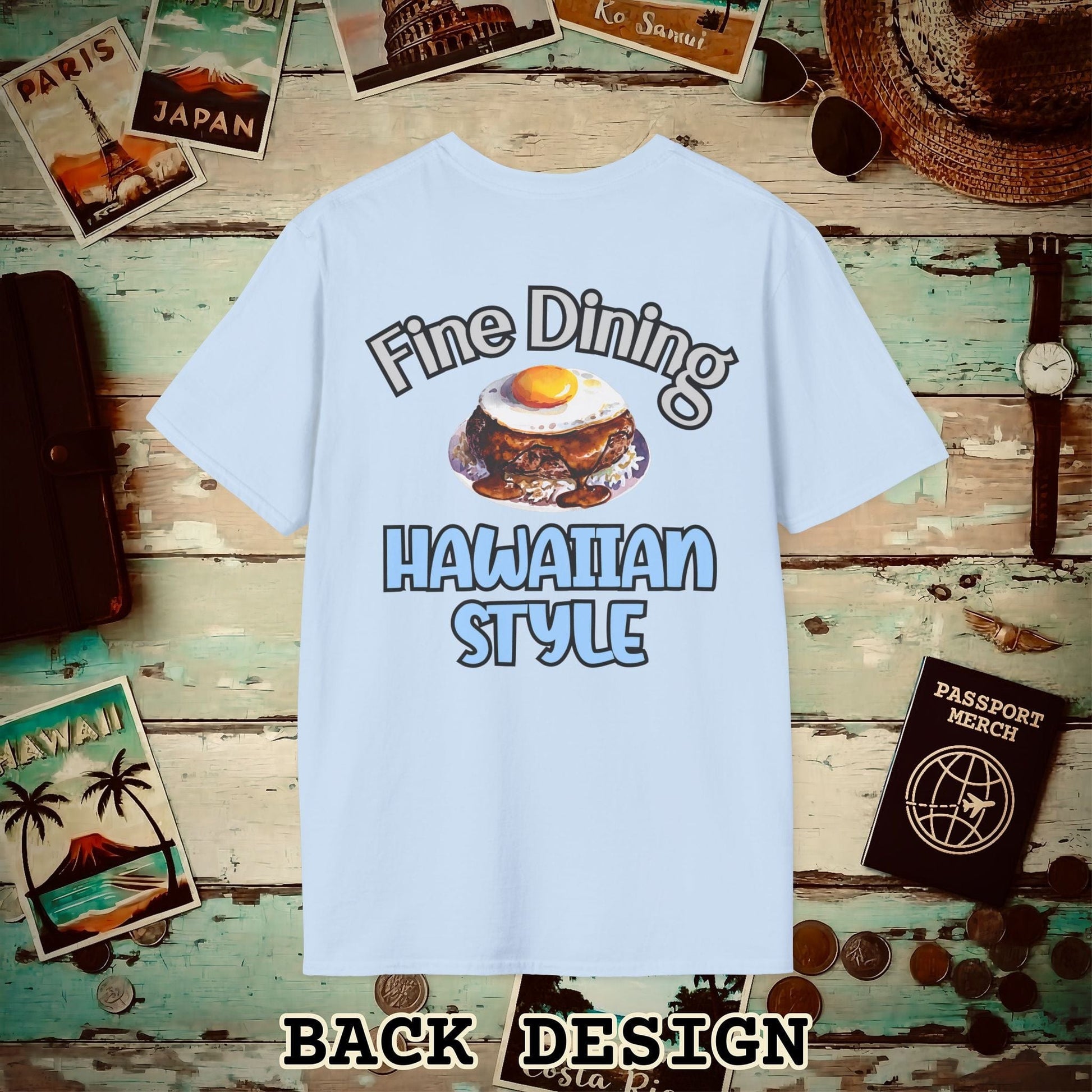 Loco Moco Fine Dining Hawaiian Style, Back Print T-Shirt Light Blue / S