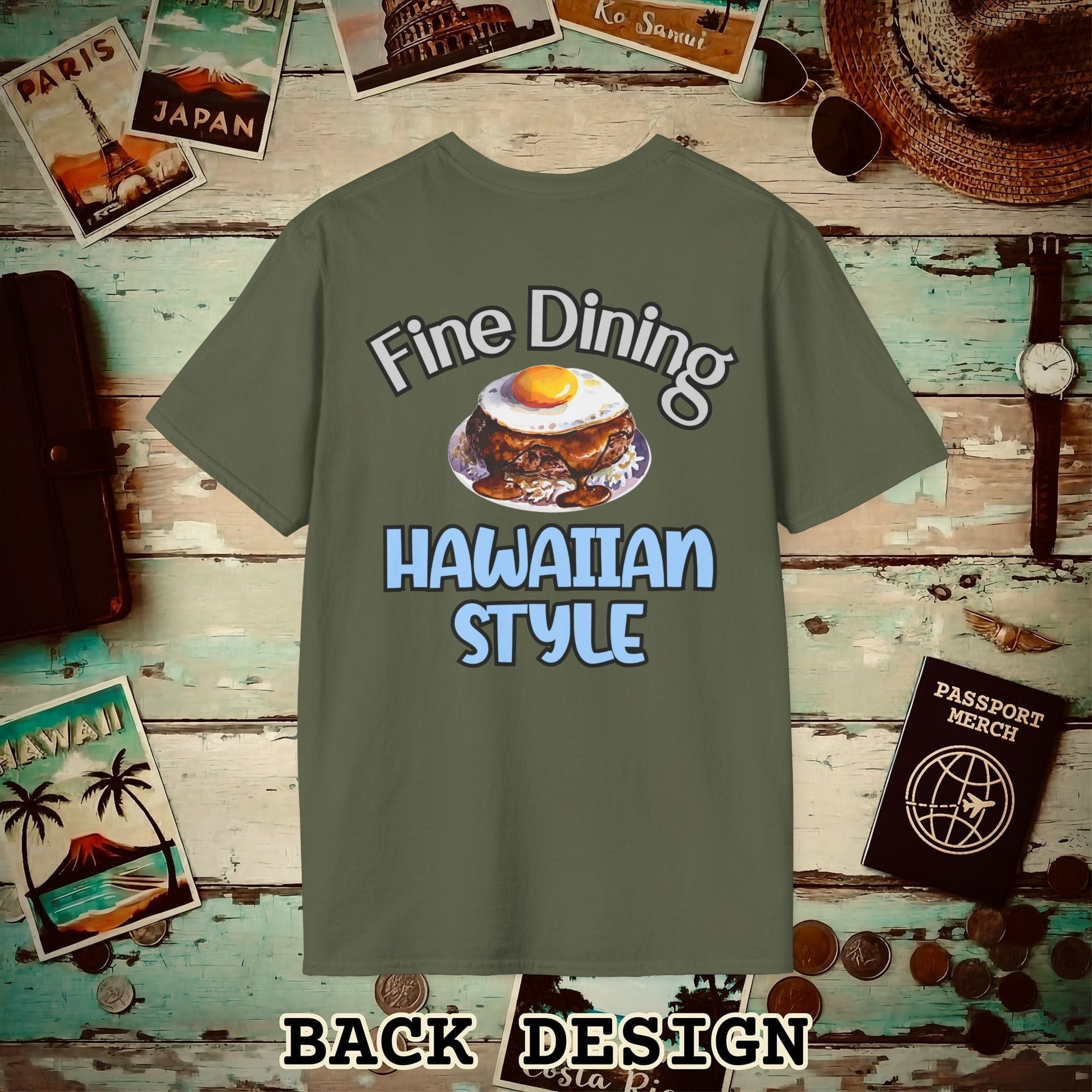 Loco Moco Fine Dining Hawaiian Style, Back Print T-Shirt Military Green / S