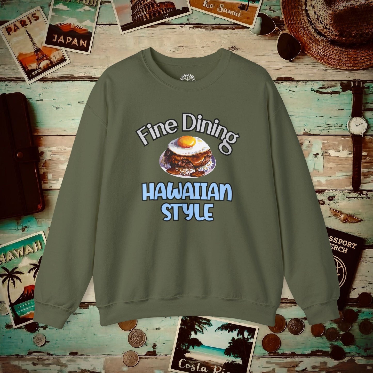Loco Moco Fine Dining Hawaiian Style Crewneck Military Green / S