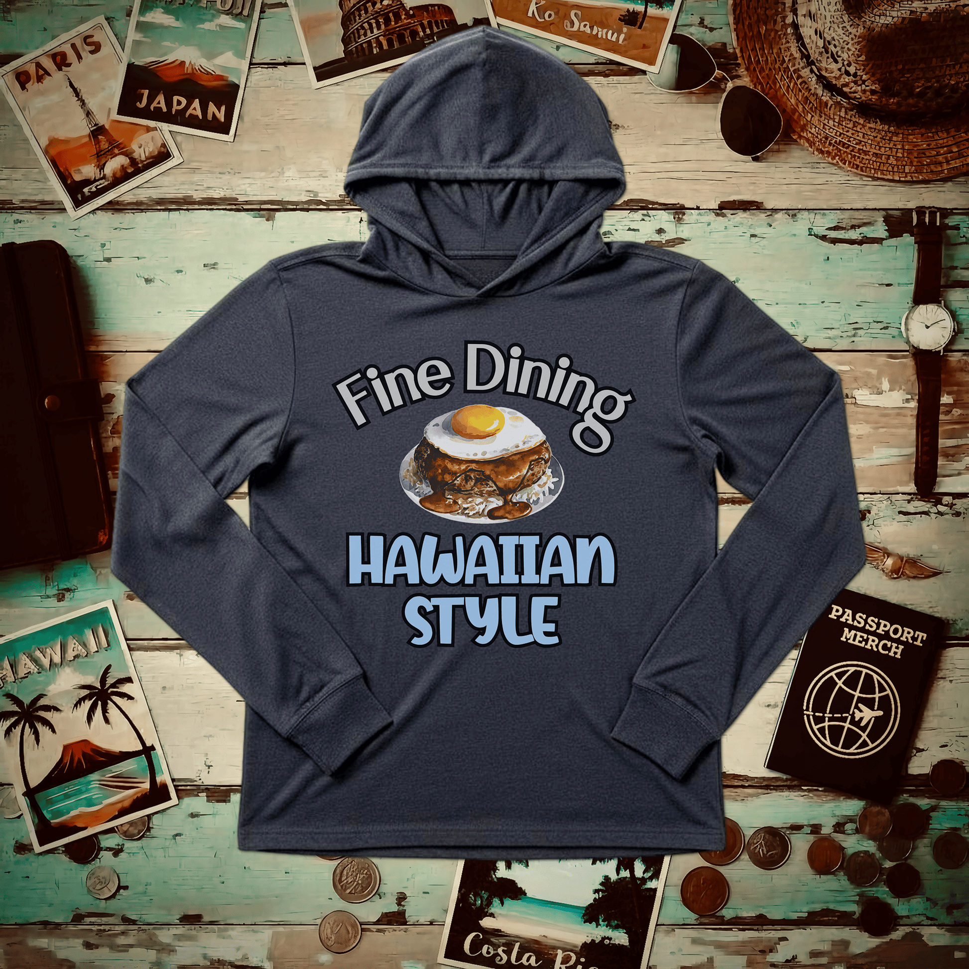 Loco Moco Fine Dining Hawaiian Style Hooded Long Sleeve Heather Navy / XS