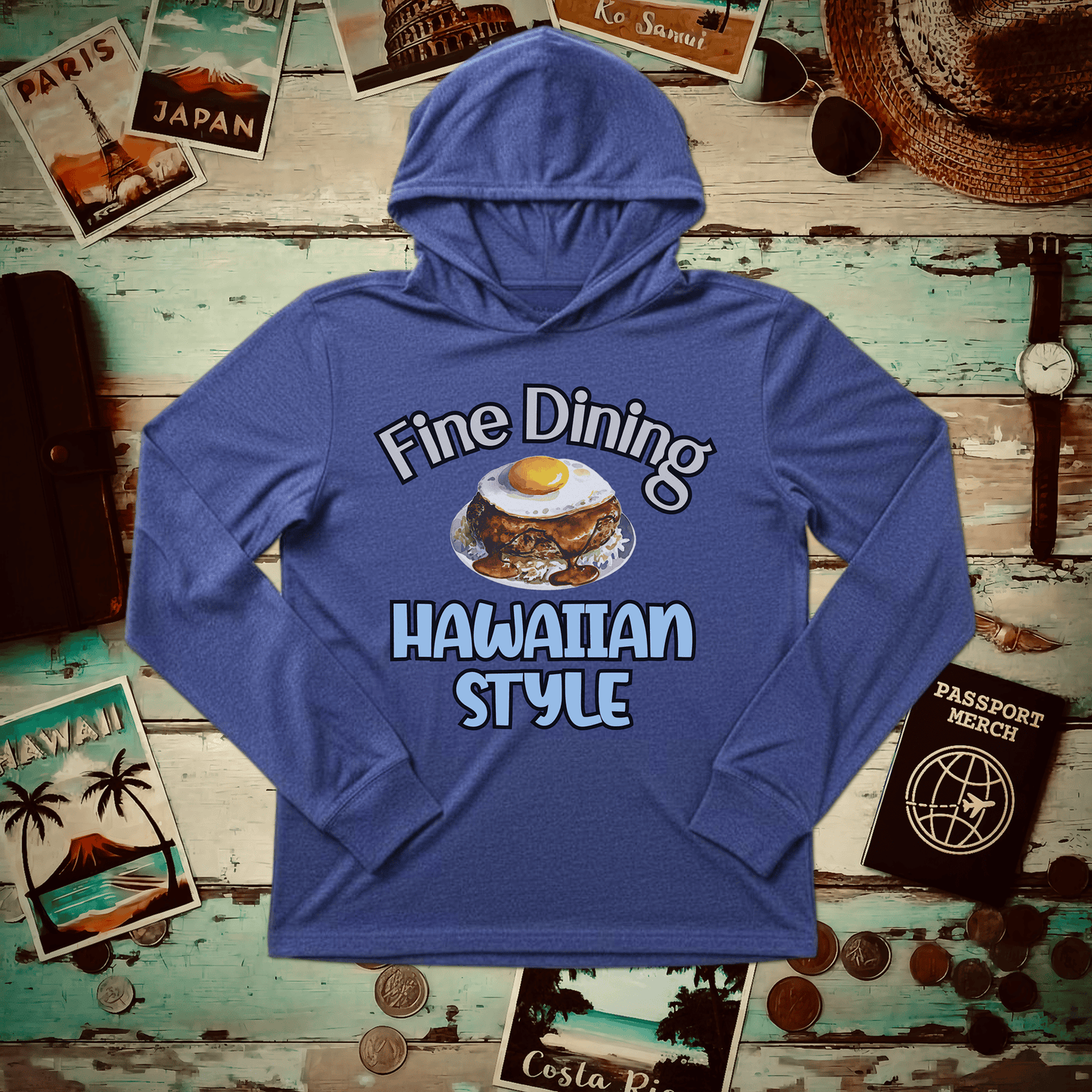 Loco Moco Fine Dining Hawaiian Style Hooded Long Sleeve Heather True Royal / XS